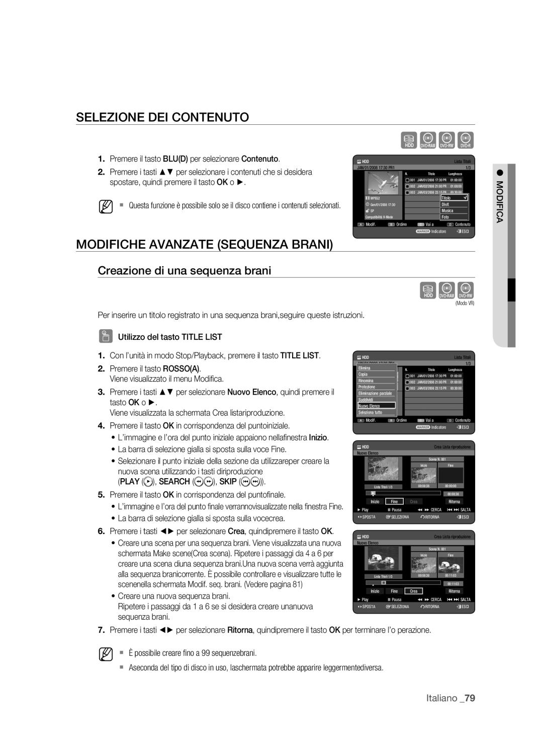 Samsung DVD-HR770/XET manual Selezione DEI Contenuto, Modifiche Avanzate Sequenza Brani, Creazione di una sequenza brani 