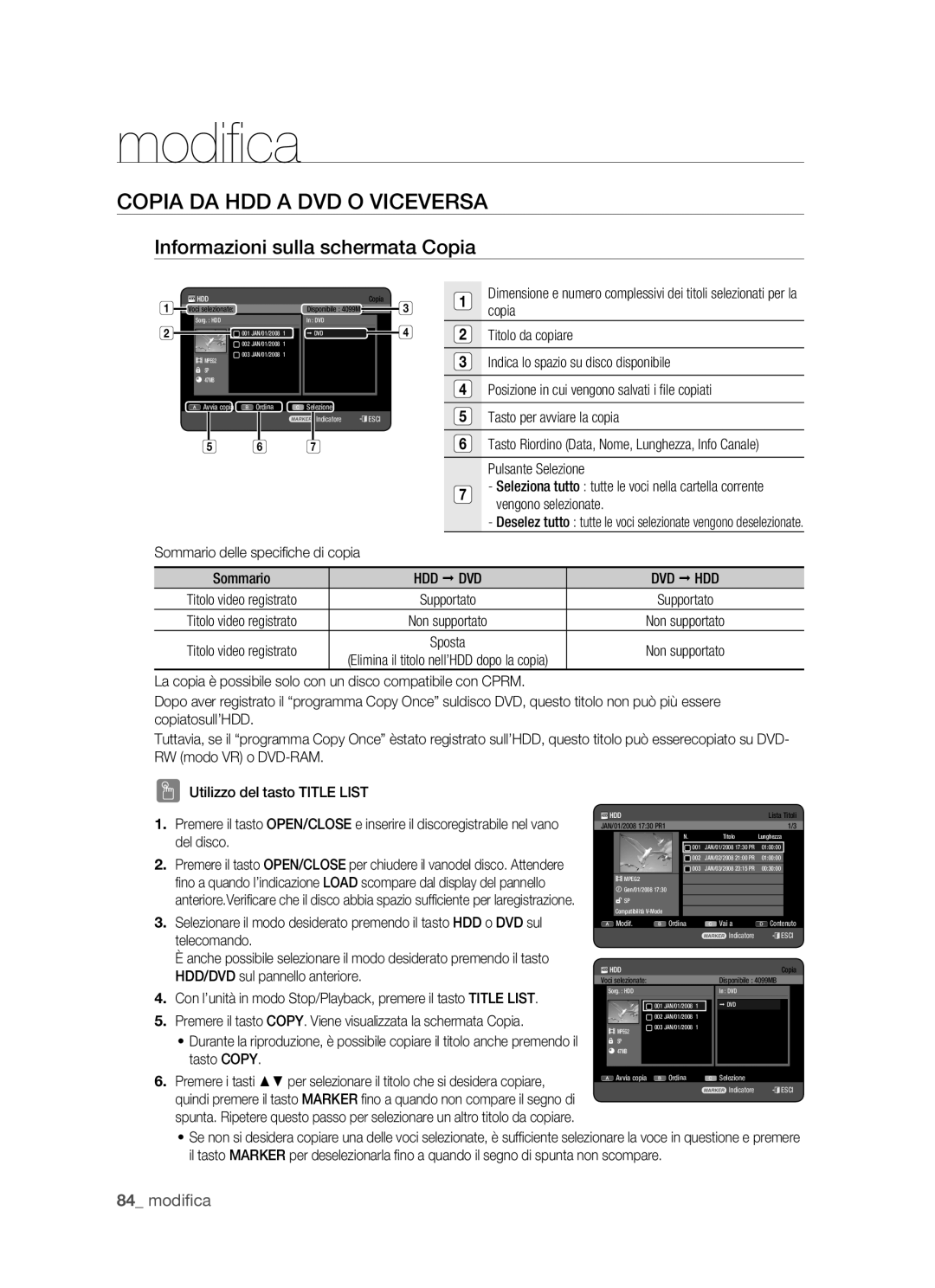 Samsung DVD-HR770/XET manual Copia DA HDD a DVD O Viceversa, Informazioni sulla schermata Copia, Hdd Œ Dvd Dvd Œ Hdd 