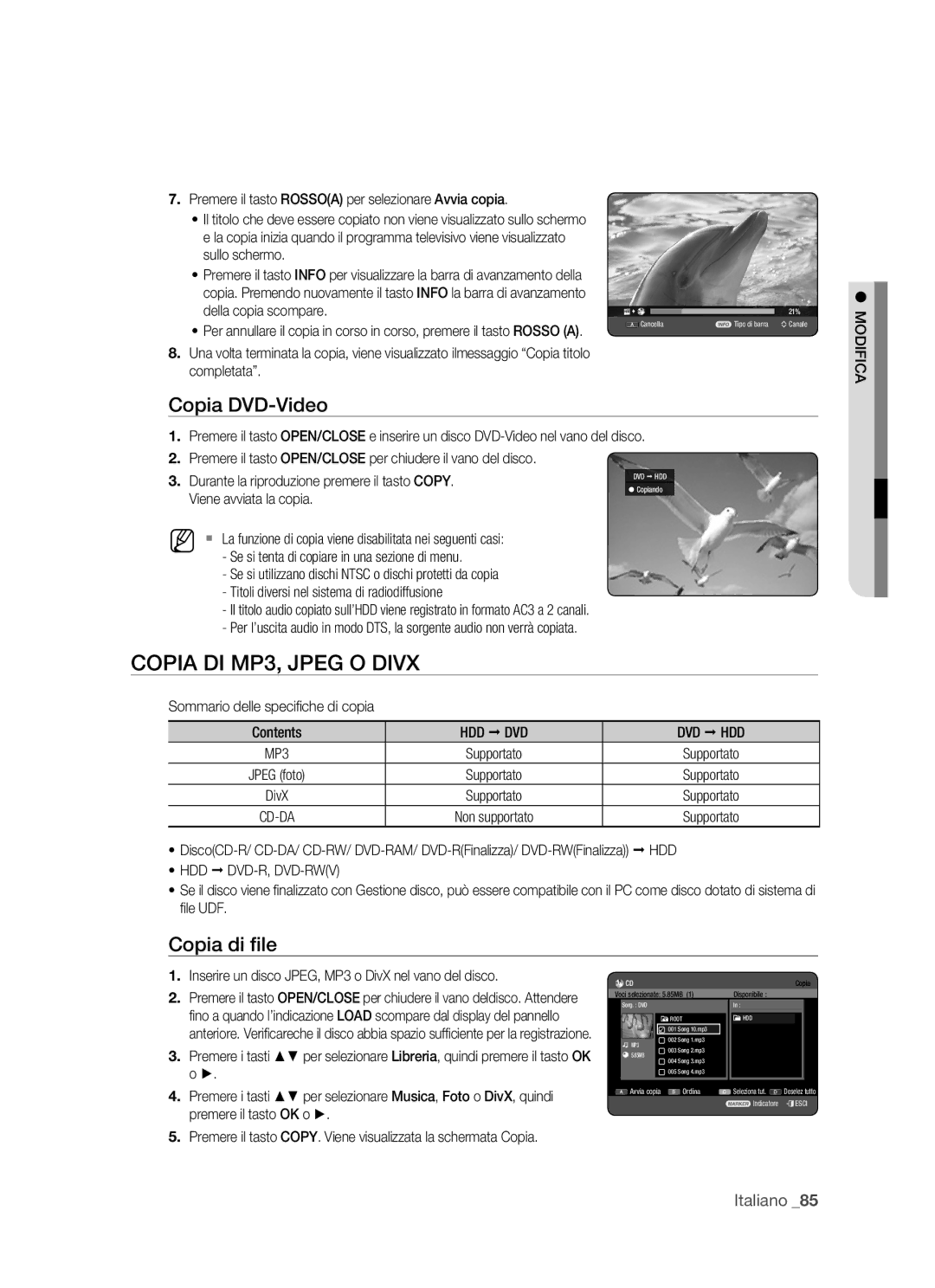 Samsung DVD-HR770/XET manual Copia DI MP3, Jpeg O Divx, Copia DVD-Video, Copia di ﬁle, Viene avviata la copia 