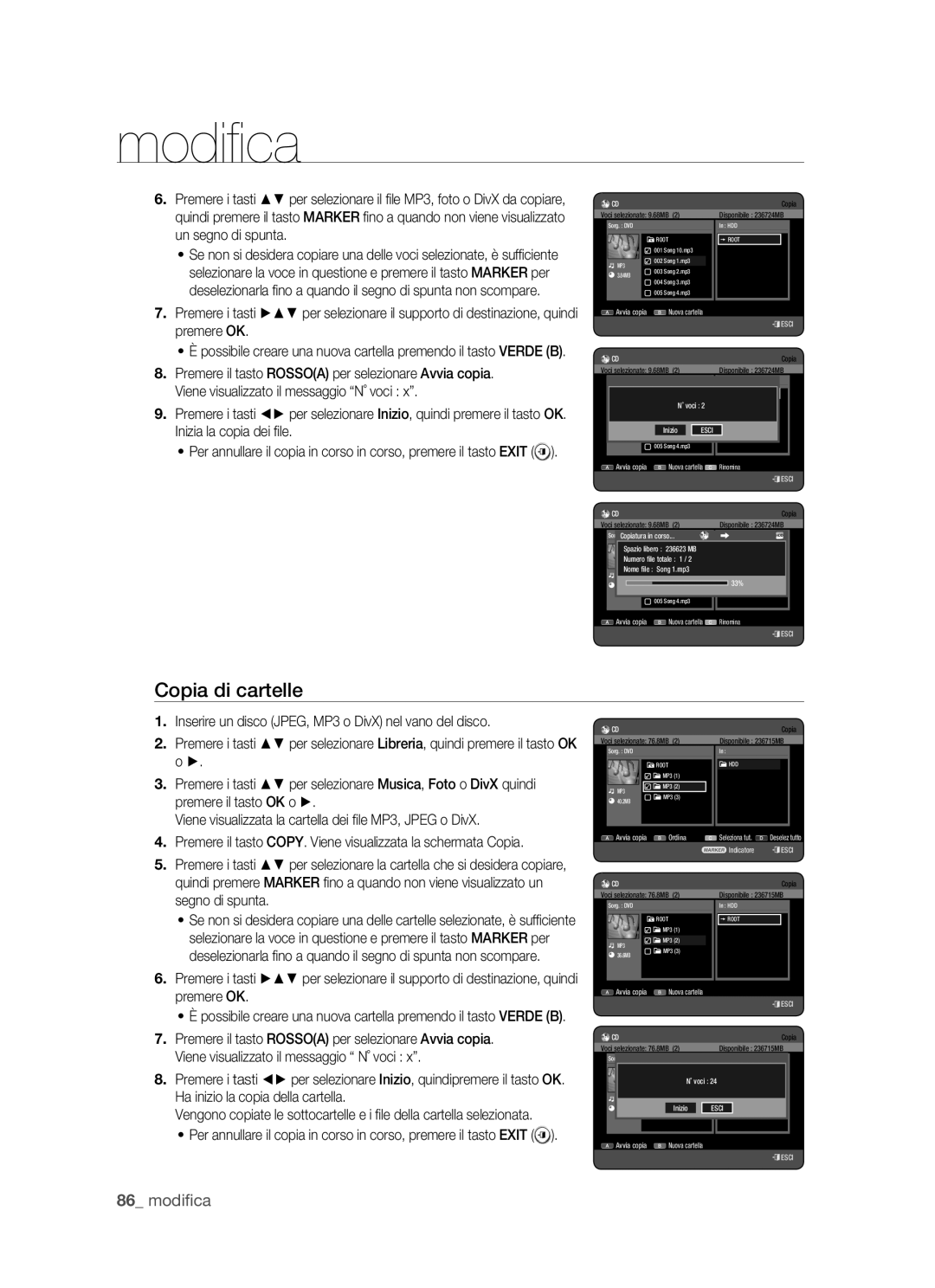 Samsung DVD-HR770/XET manual Copia di cartelle, ˚ voci 