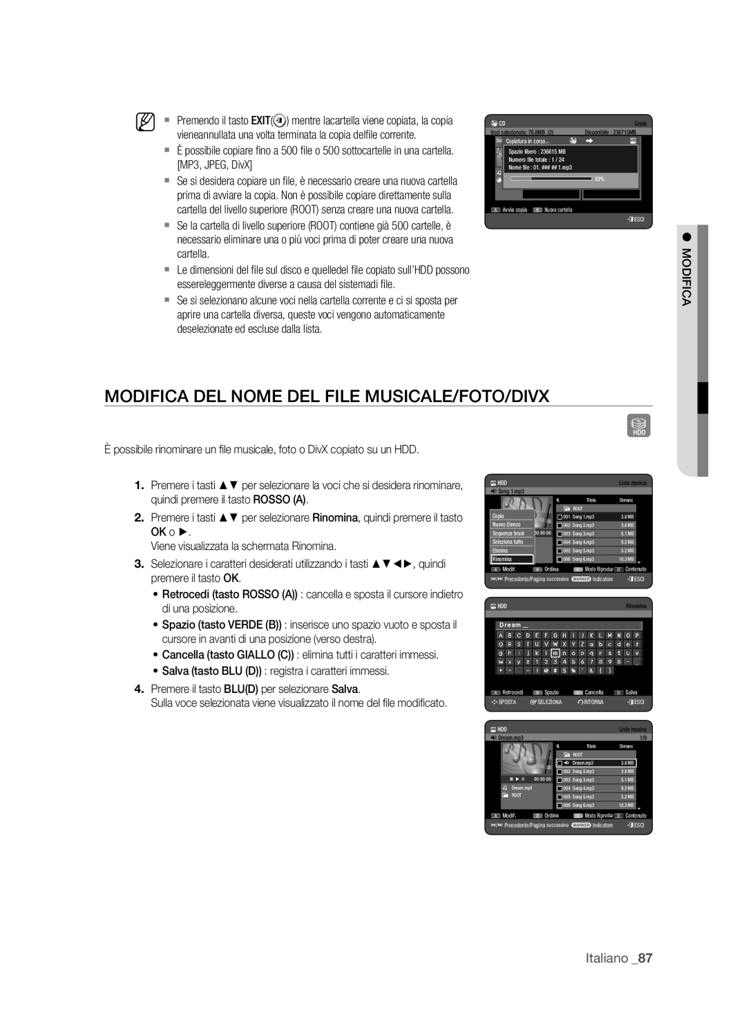 Samsung DVD-HR770/XET manual Modifica DEL Nome DEL File MUSICALE/FOTO/DIVX, MP3, JPEG, DivX, Cartella 