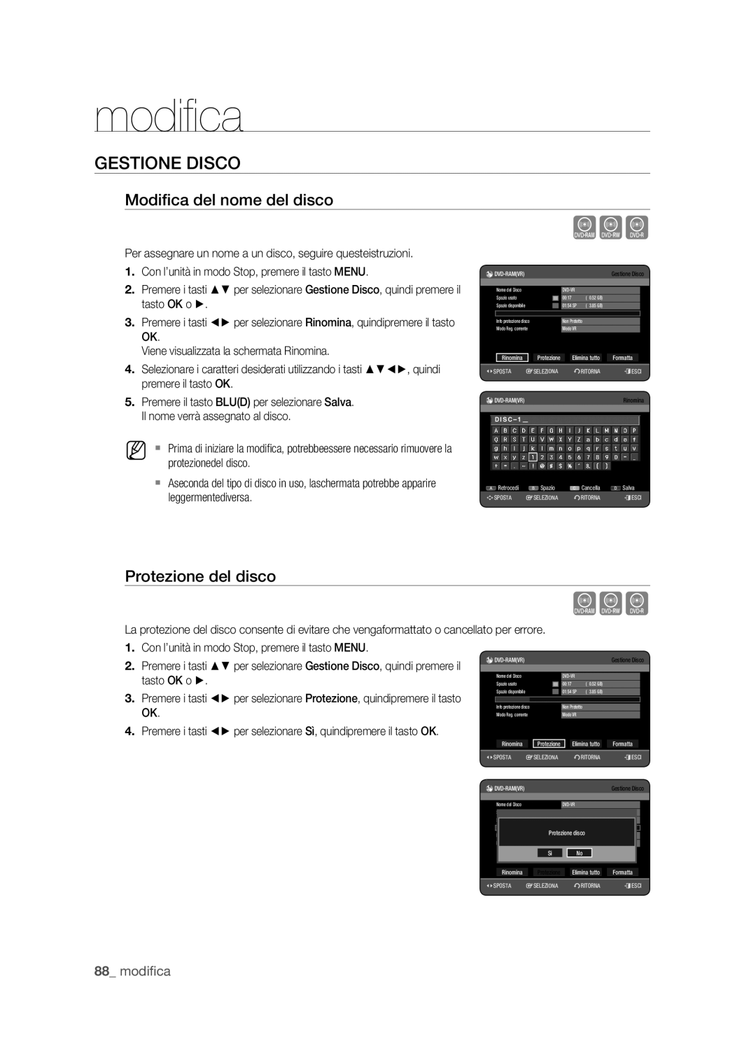 Samsung DVD-HR770/XET manual Gestione Disco, Modiﬁca del nome del disco, Protezione del disco, Formatta 