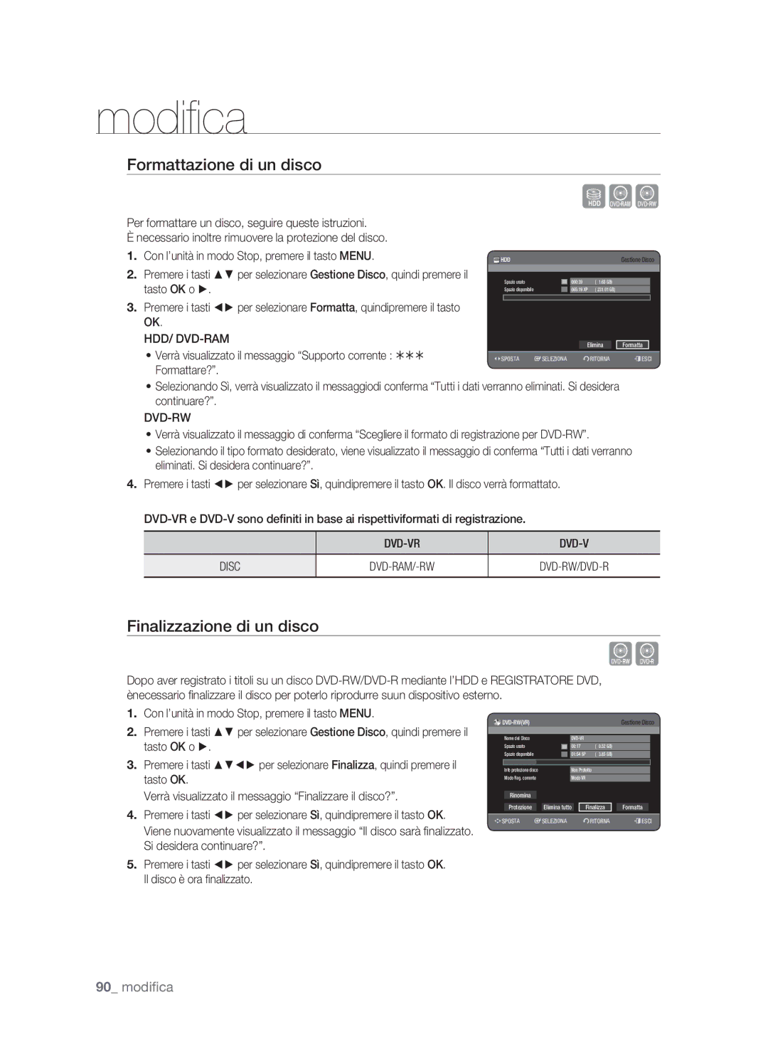 Samsung DVD-HR770/XET Formattazione di un disco, Finalizzazione di un disco, Hdd/ Dvd-Ram, DVD-VR Disc, Finalizza Formatta 