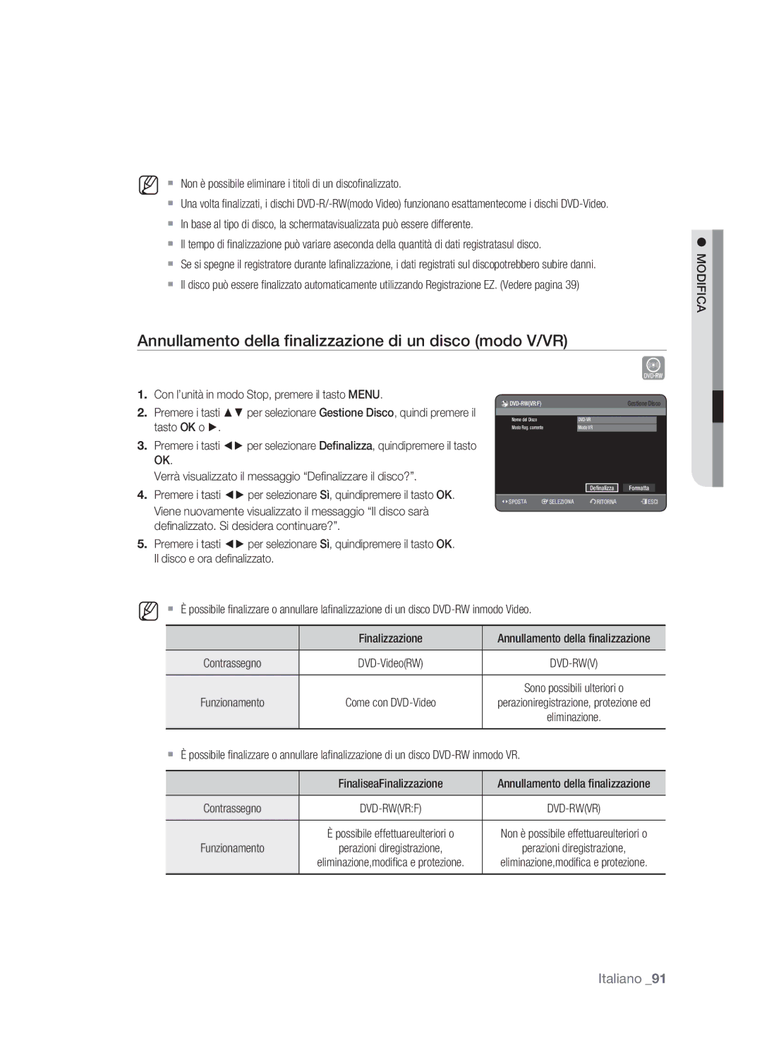 Samsung DVD-HR770/XET manual Annullamento della ﬁnalizzazione di un disco modo V/VR, Definalizza Formatta 