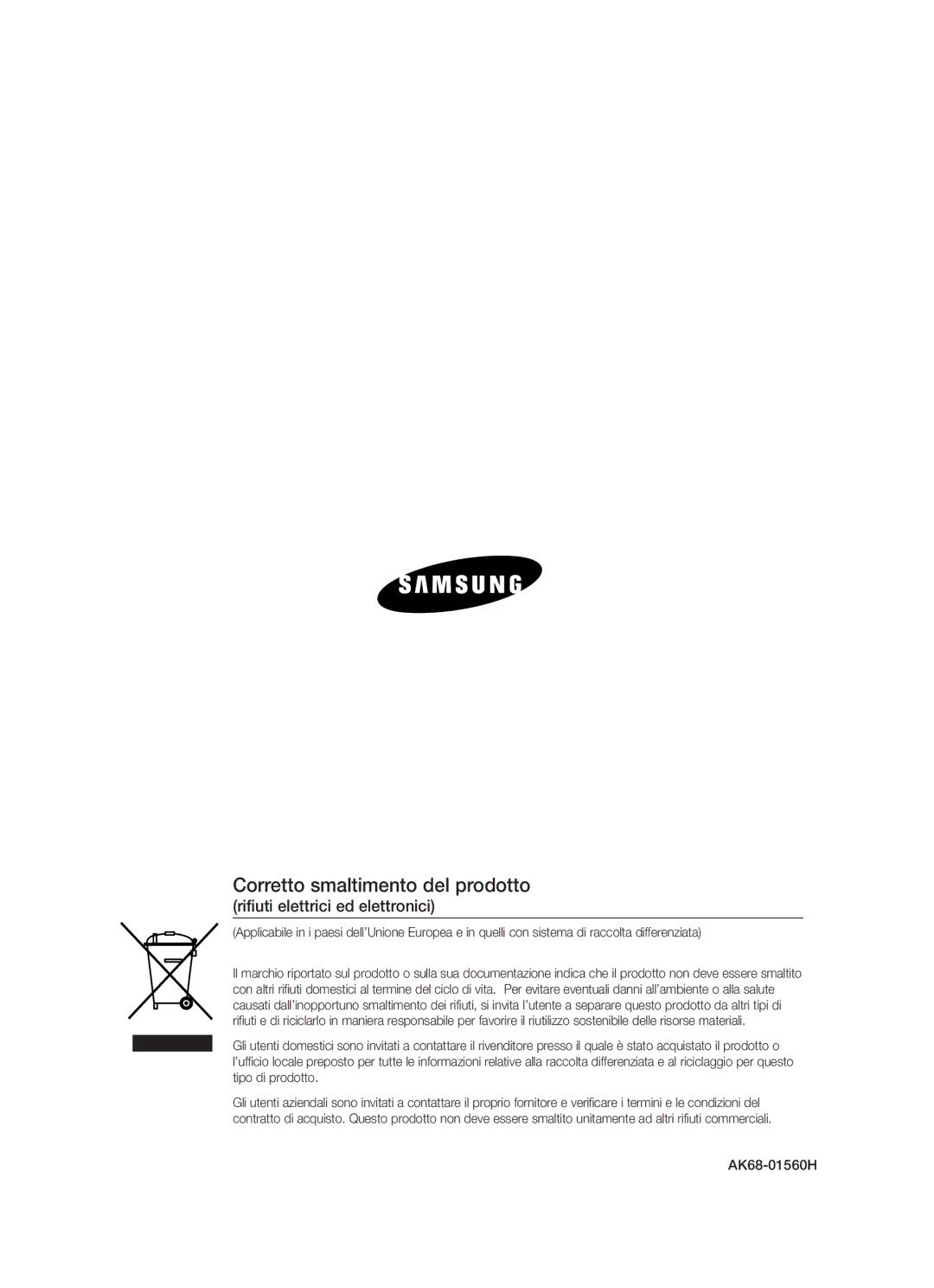 Samsung DVD-HR770/XET manual Corretto smaltimento del prodotto, Rifiuti elettrici ed elettronici 