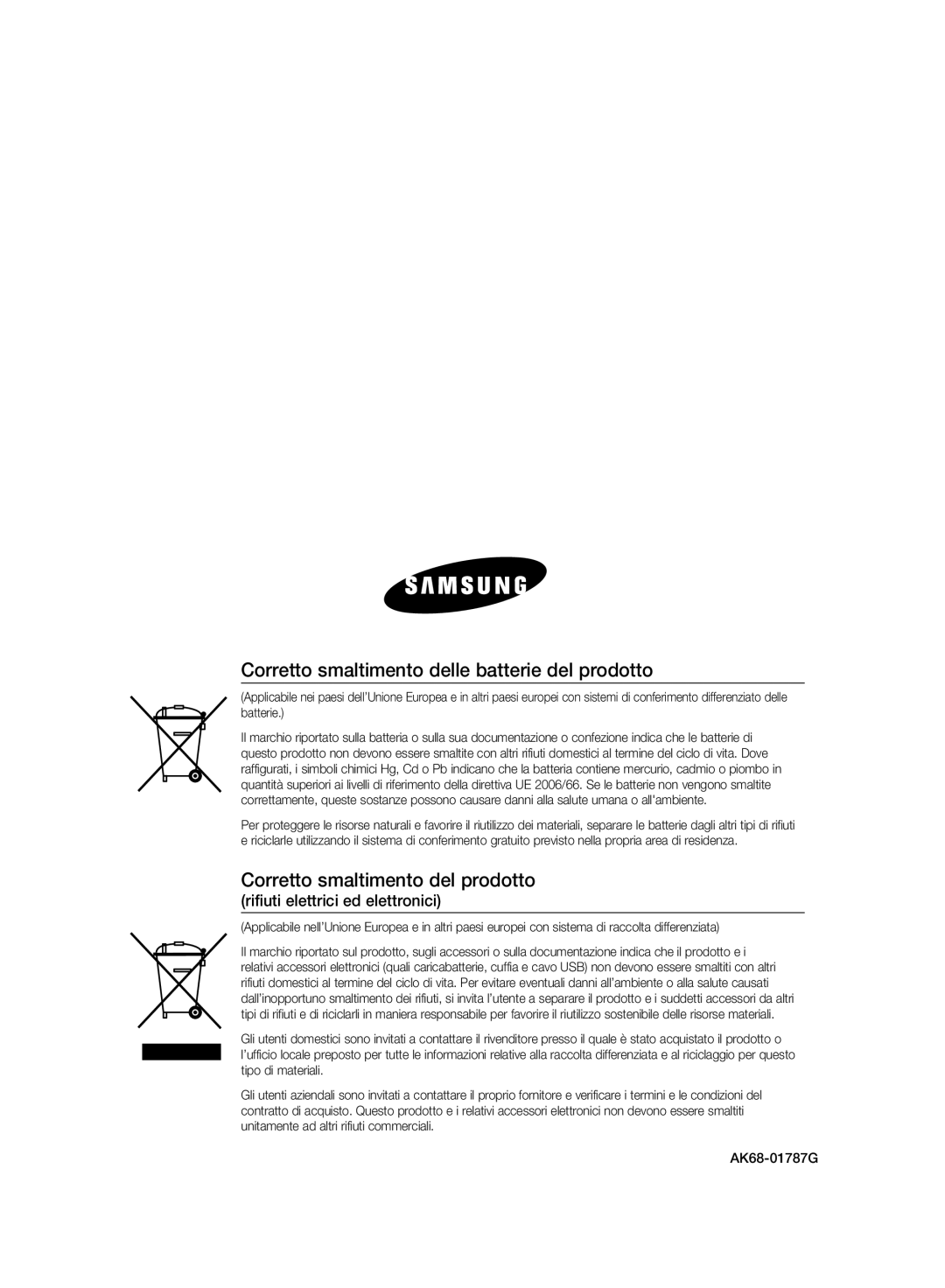 Samsung DVD-HR773A/XET manual Corretto smaltimento delle batterie del prodotto, Corretto smaltimento del prodotto 