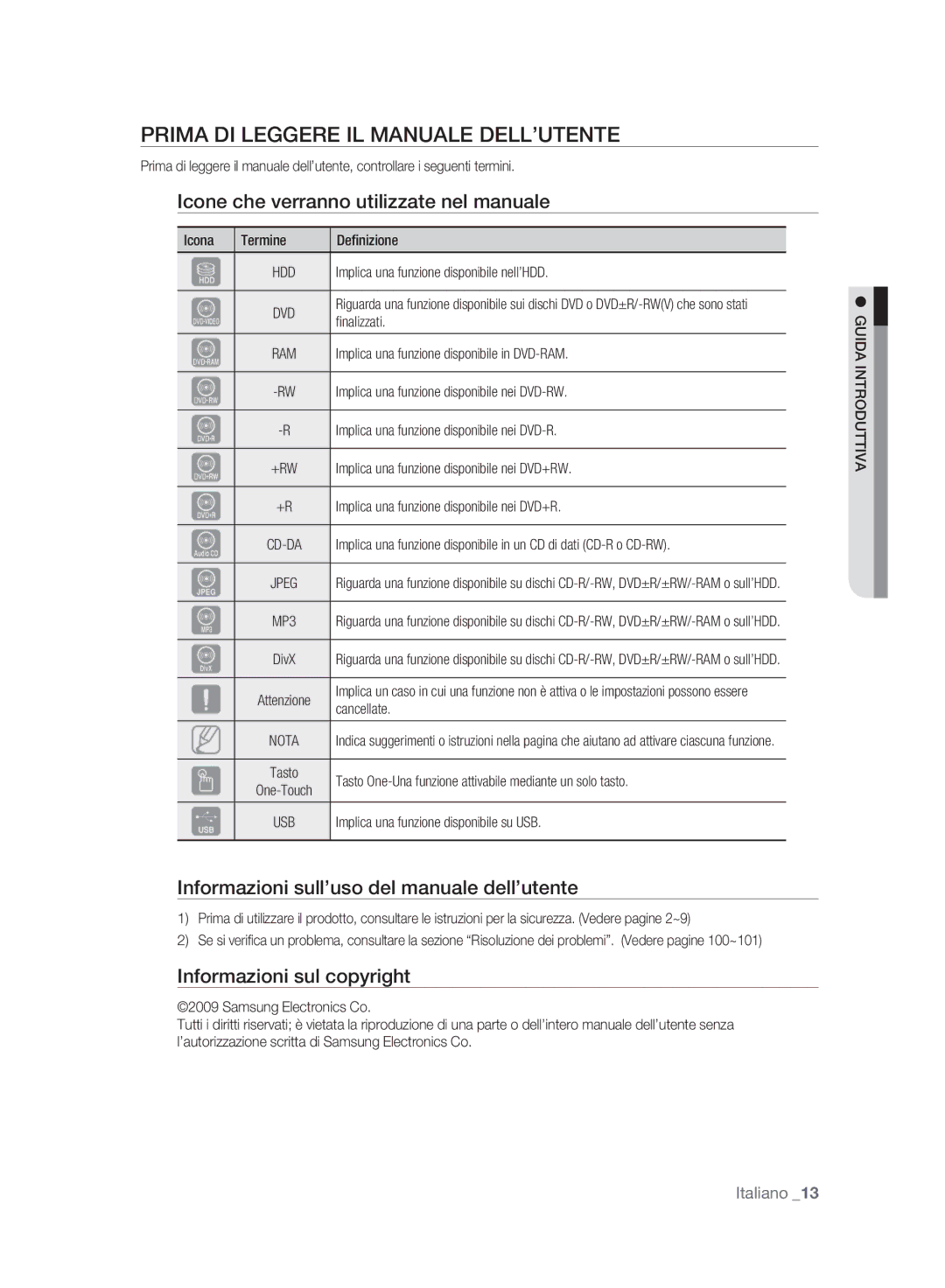 Samsung DVD-HR773A/XET Prima DI Leggere IL Manuale DELL’UTENTE, Icone che verranno utilizzate nel manuale 