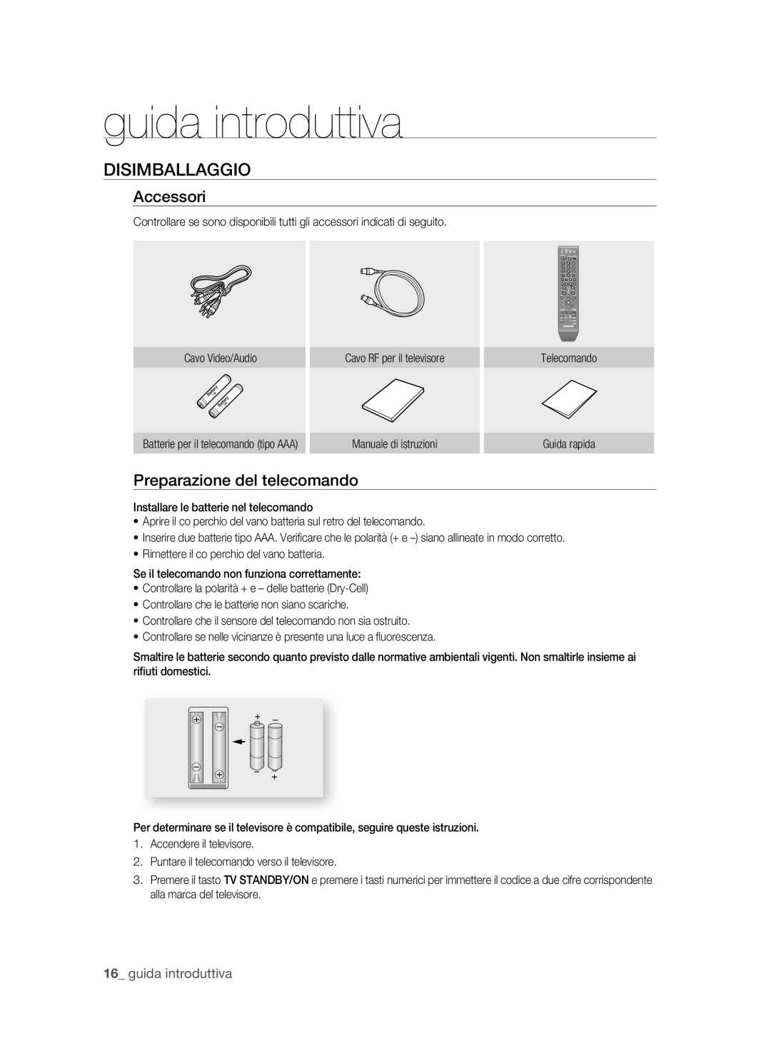 Samsung DVD-HR773A/XET manual Disimballaggio, Accessori, Preparazione del telecomando, Manuale di istruzioni Guida rapida 