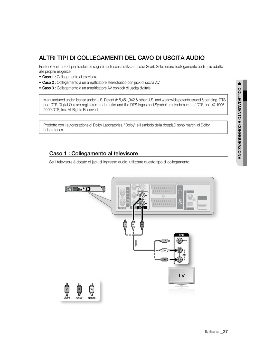 Samsung DVD-HR773A/XET manual Altri Tipi DI Collegamenti DEL Cavo DI Uscita Audio, Caso 1 Collegamento al televisore 