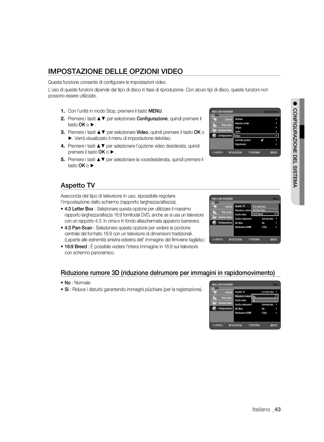 Samsung DVD-HR773A/XET manual Impostazione Delle Opzioni Video, Aspetto TV, No Normale 