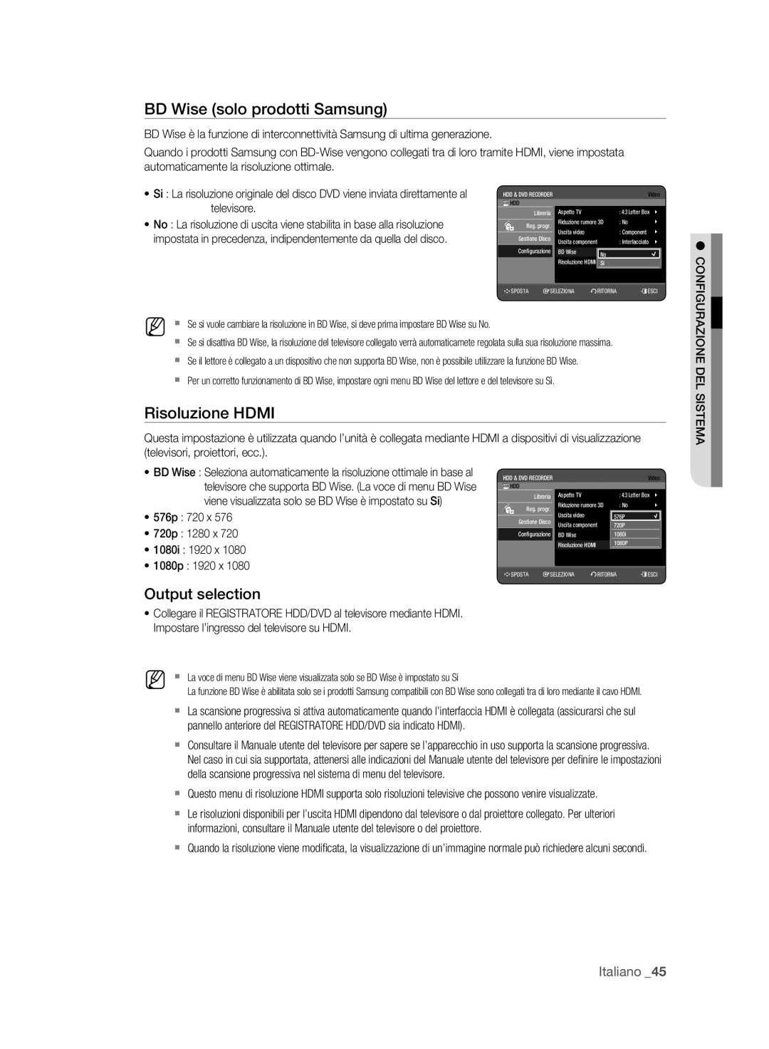 Samsung DVD-HR773A/XET manual BD Wise solo prodotti Samsung, Risoluzione Hdmi, Output selection, Televisore 