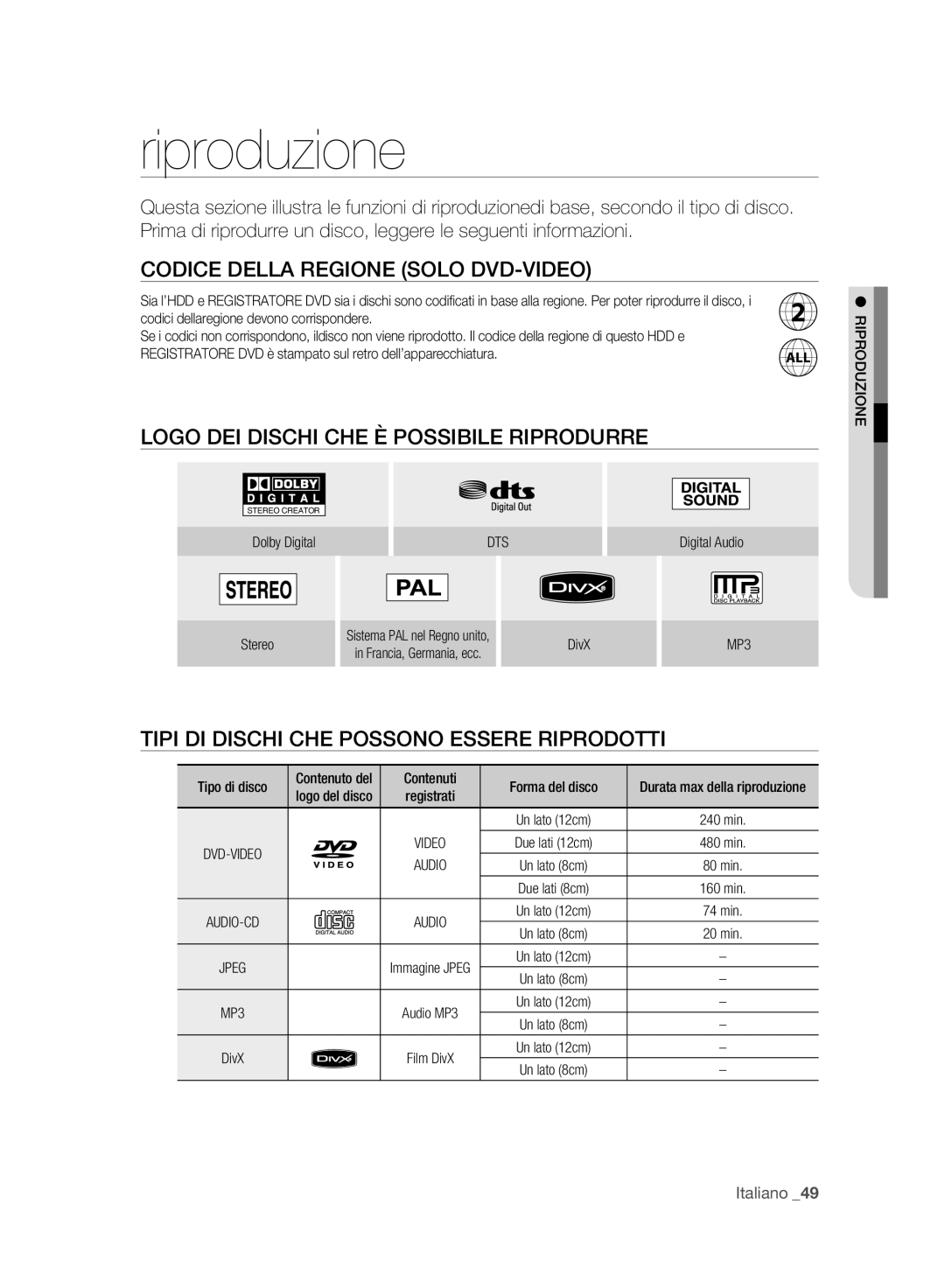 Samsung DVD-HR773A/XET manual Riproduzione, Codice Della Regione Solo DVD-VIDEO, Logo DEI Dischi CHE È Possibile Riprodurre 