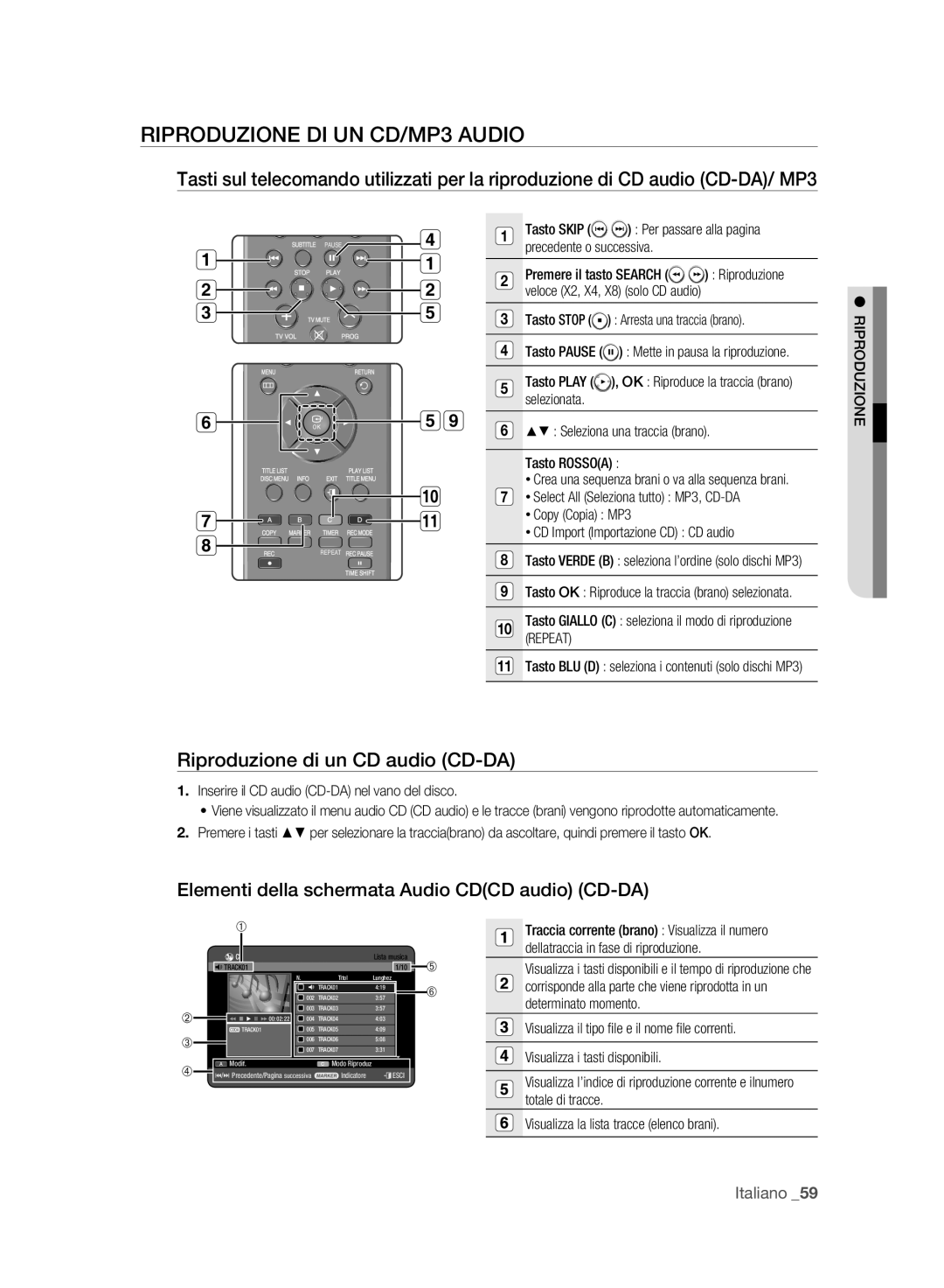 Samsung DVD-HR773A/XET manual Riproduzione DI UN CD/MP3 Audio, Riproduzione di un CD audio CD-DA 