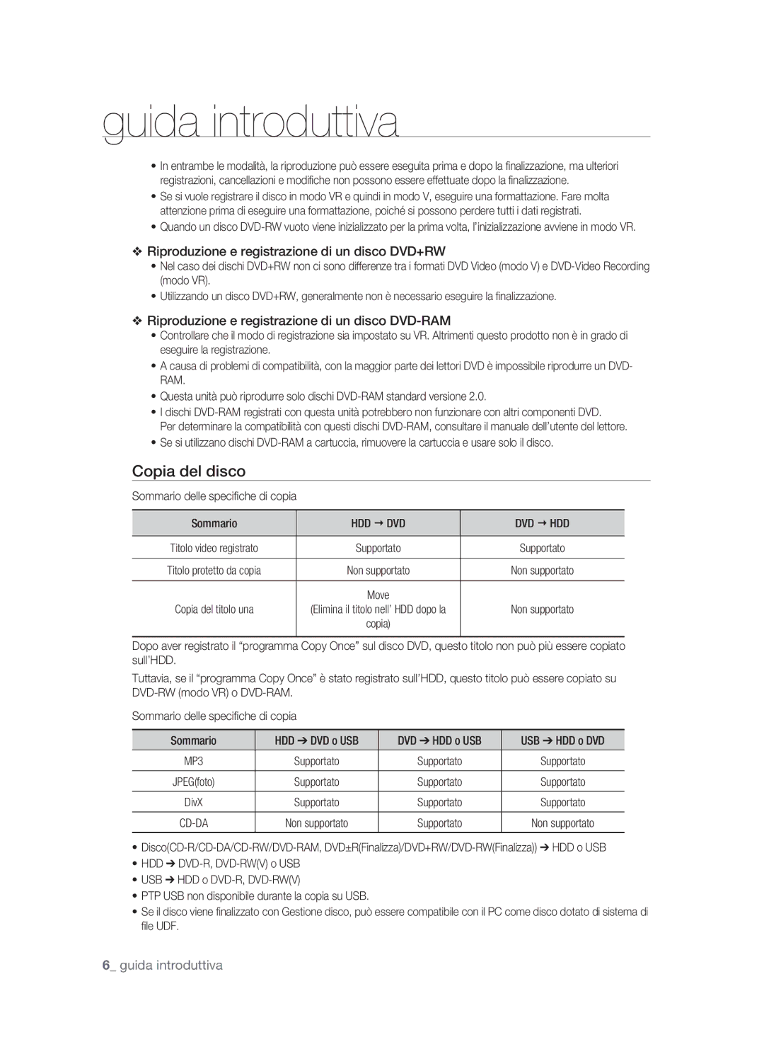 Samsung DVD-HR773A/XET manual Copia del disco, Sommario delle speciﬁche di copia, Hdd € Dvd Dvd € Hdd 