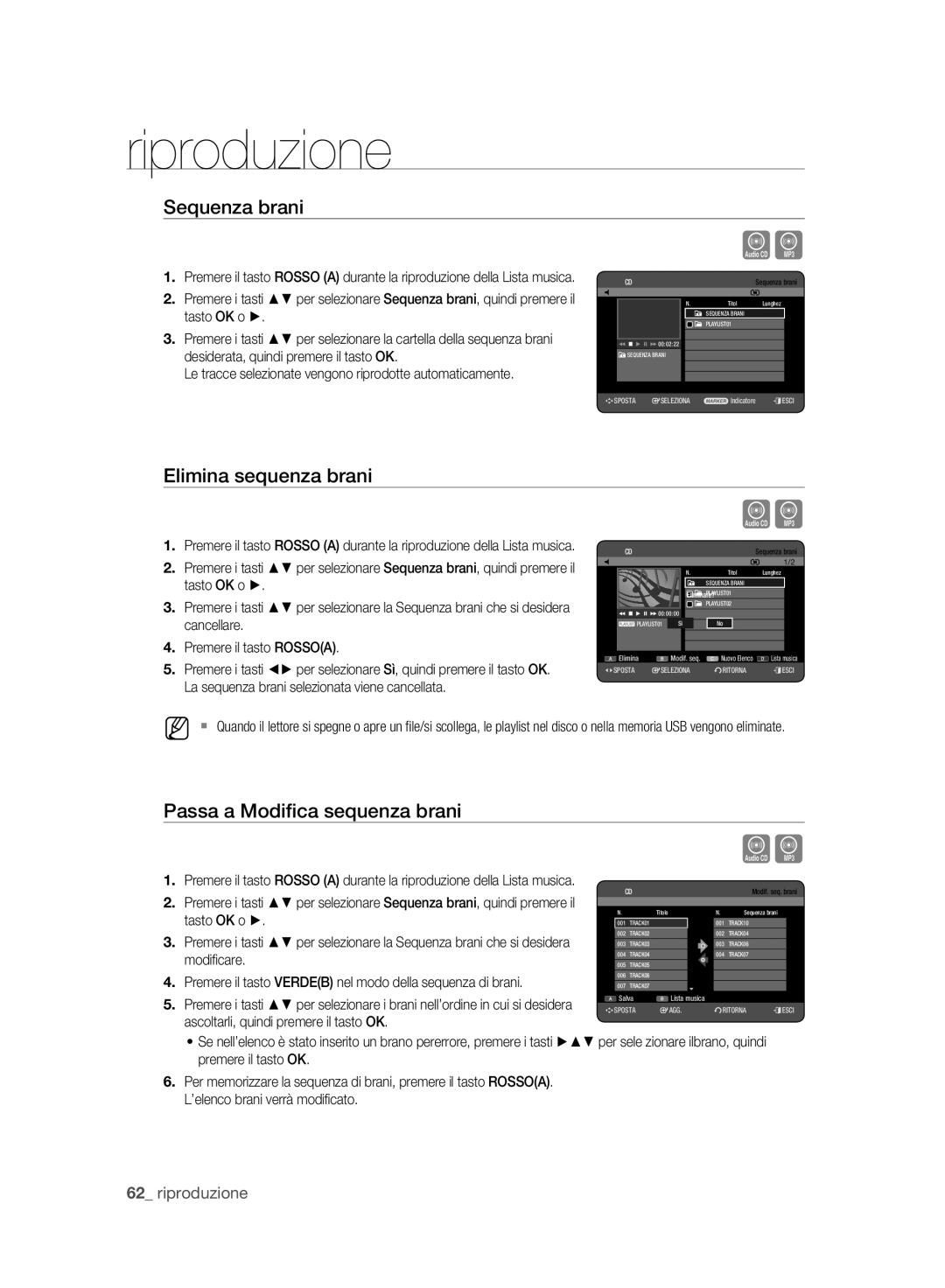 Samsung DVD-HR773A/XET manual Sequenza brani, Elimina sequenza brani, Passa a Modiﬁca sequenza brani 