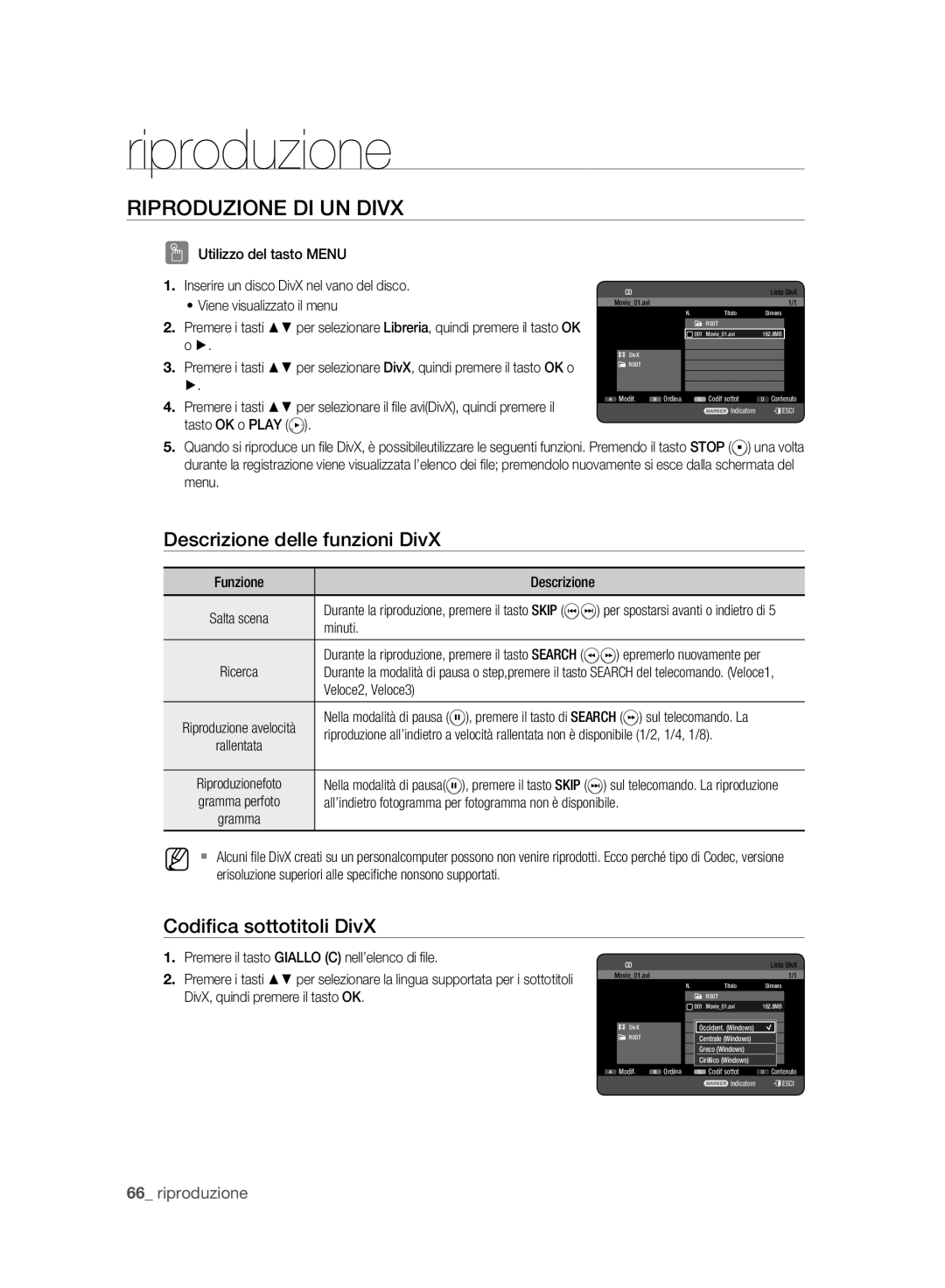 Samsung DVD-HR773A/XET manual Riproduzione DI UN Divx, Descrizione delle funzioni DivX, Codiﬁca sottotitoli DivX 