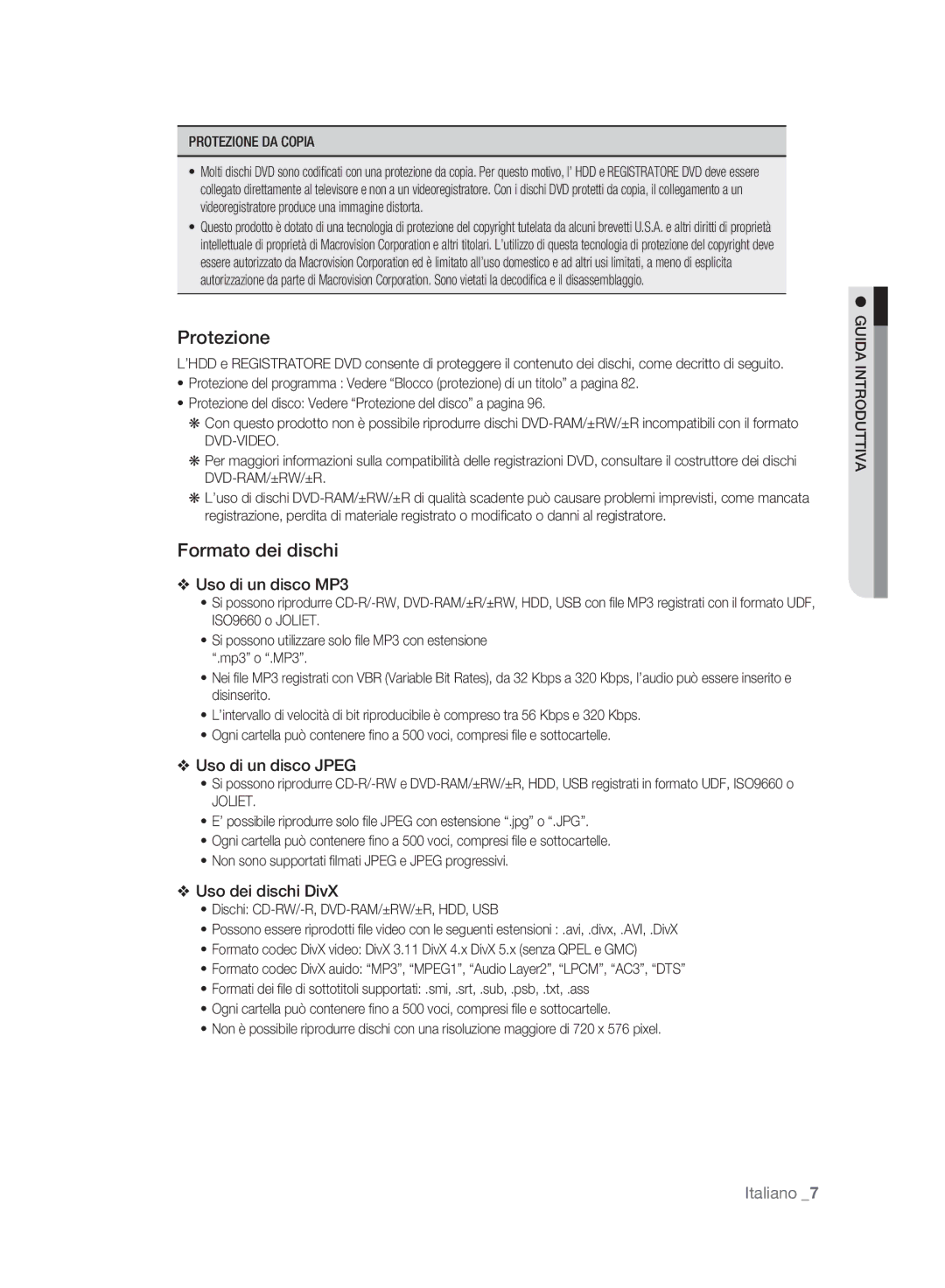 Samsung DVD-HR773A/XET manual Formato dei dischi, Protezione DA Copia, Joliet 