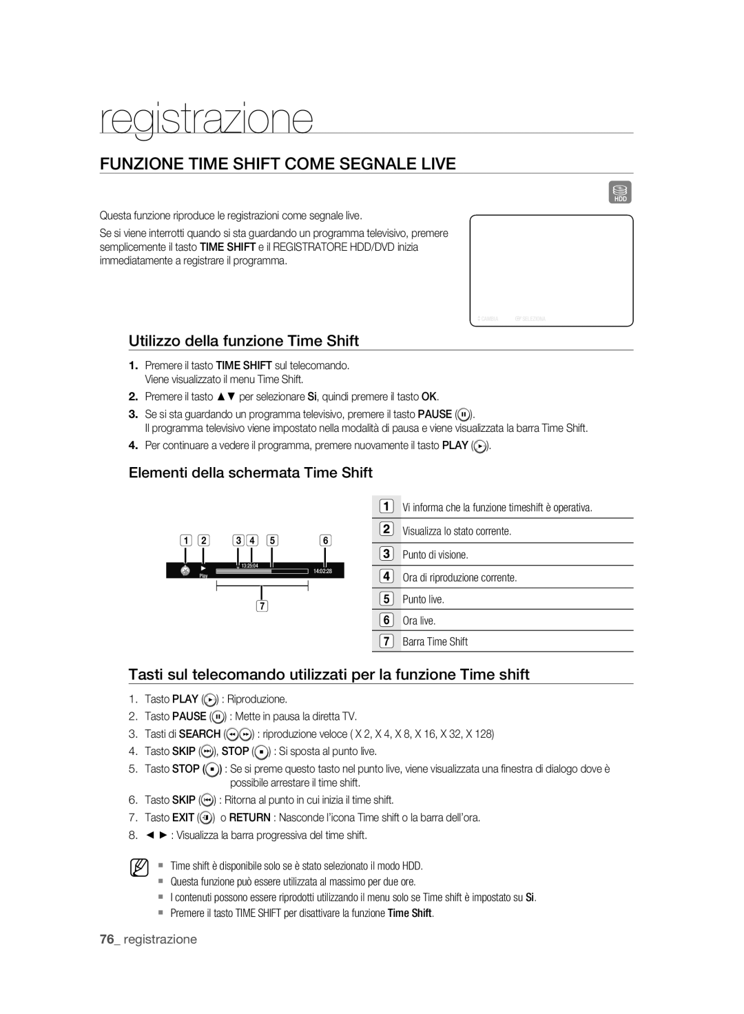 Samsung DVD-HR773A/XET manual Funzione Time Shift Come Segnale Live, Utilizzo della funzione Time Shift 