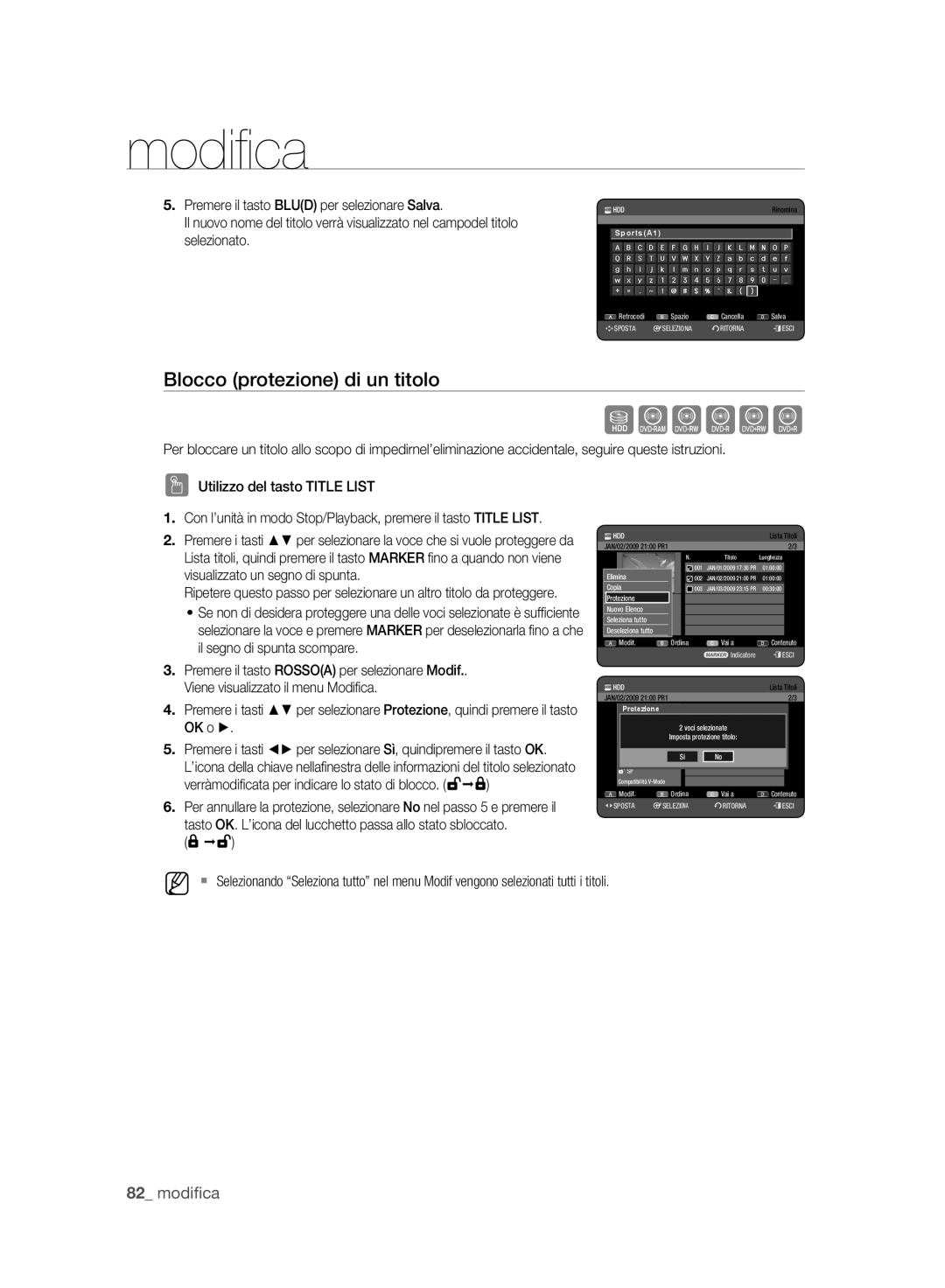 Samsung DVD-HR773A/XET manual Blocco protezione di un titolo, Protezione 