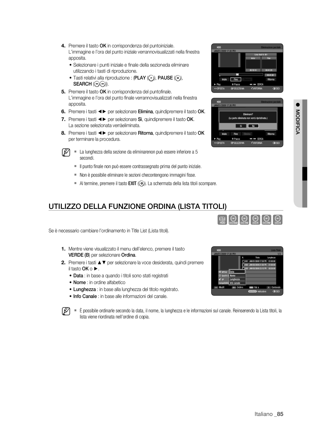 Samsung DVD-HR773A/XET manual Utilizzo Della Funzione Ordina Lista Titoli, Verde B per selezionare Ordina 