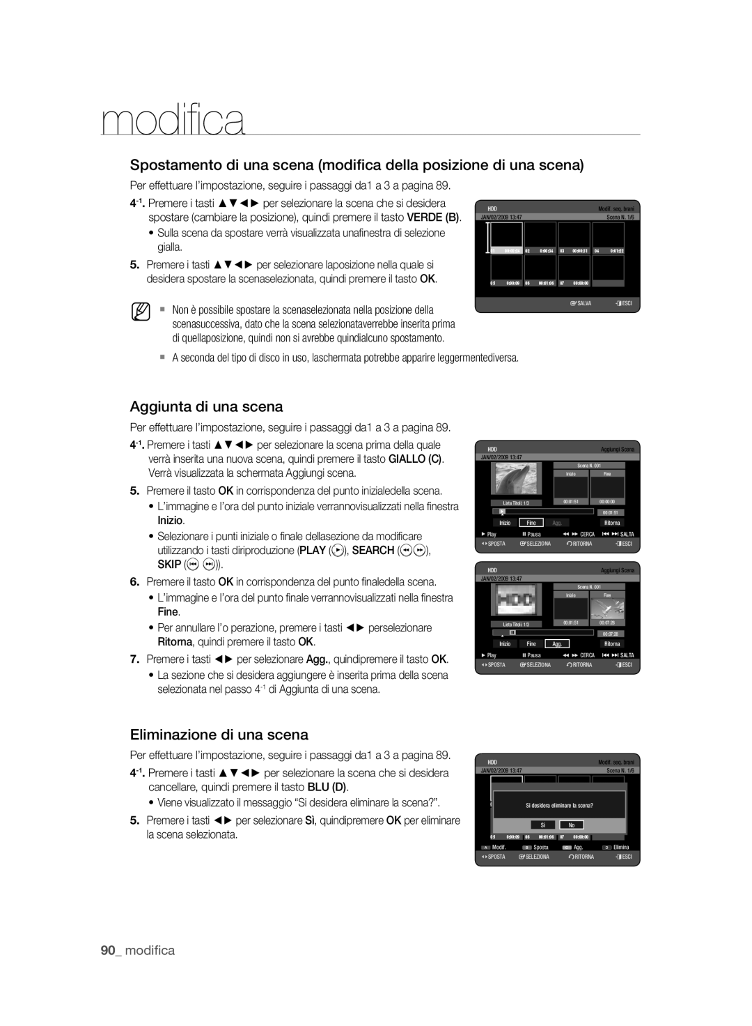 Samsung DVD-HR773A/XET manual Aggiunta di una scena, Eliminazione di una scena 