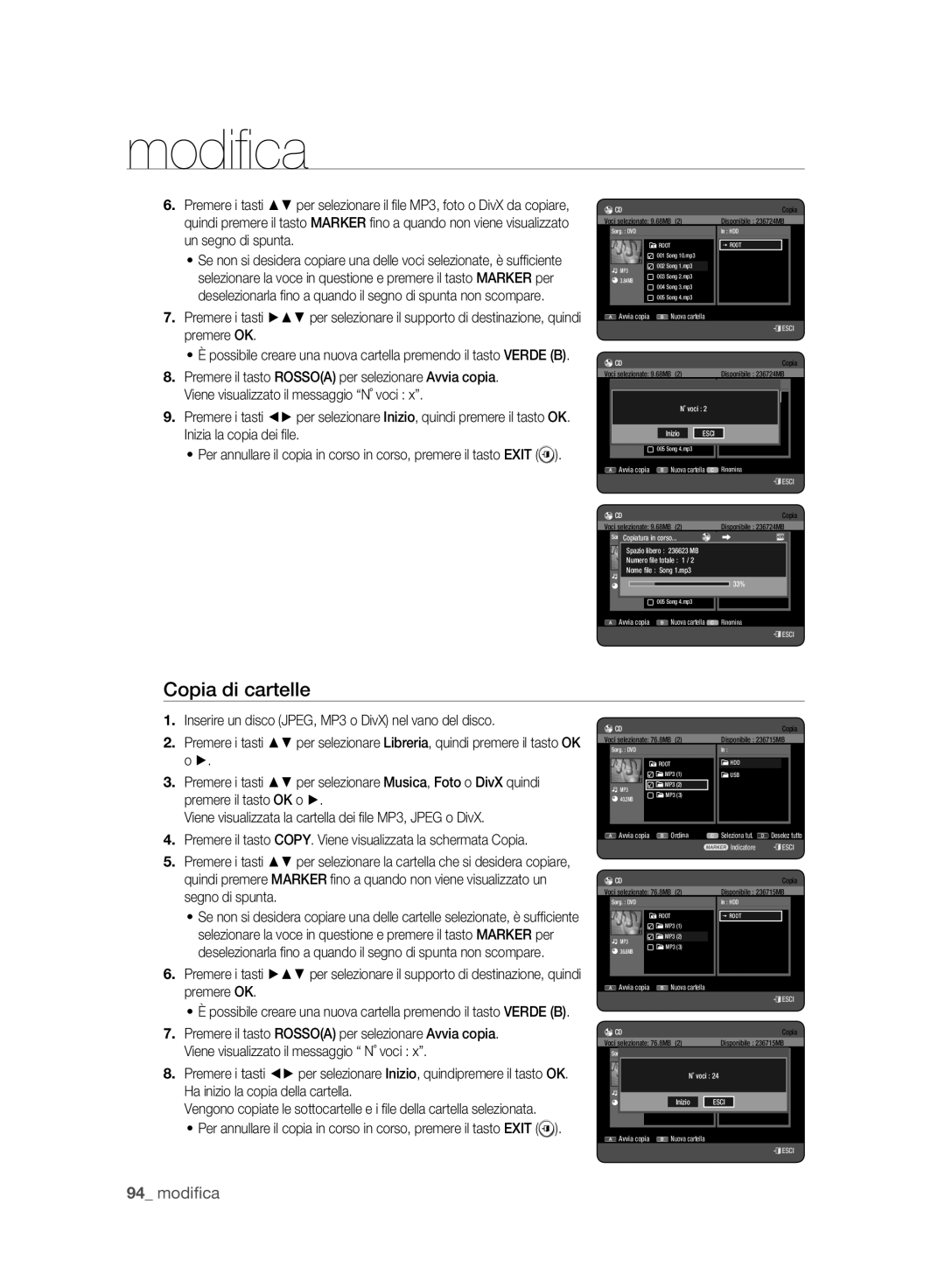 Samsung DVD-HR773A/XET manual Copia di cartelle, Voci selezionate 9.68MB 