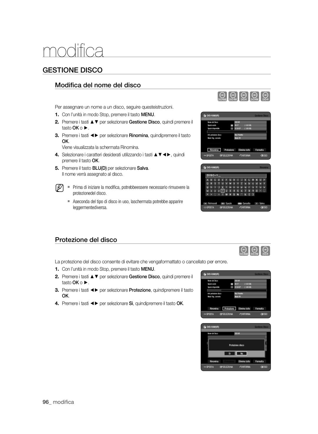 Samsung DVD-HR773A/XET manual Xcvkl, Gestione Disco, Modiﬁca del nome del disco, Protezione del disco 