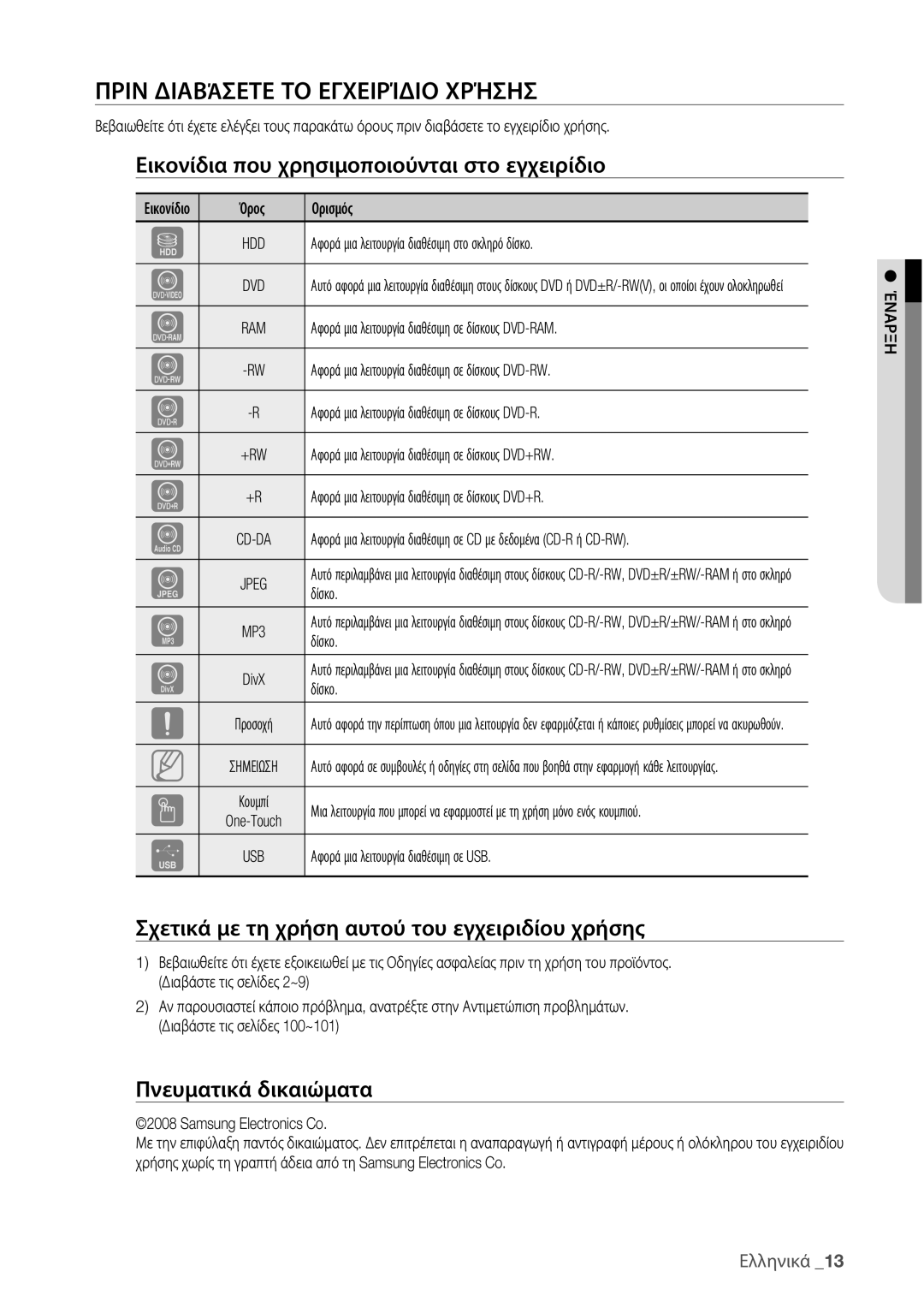 Samsung DVD-HR775/EDC, DVD-HR773/EDC Πριν Διαβάσετε ΤΟ Εγχειρίδιο Χρήσησ, Εικονίδια που χρησιμοποιούνται στο εγχειρίδιο 