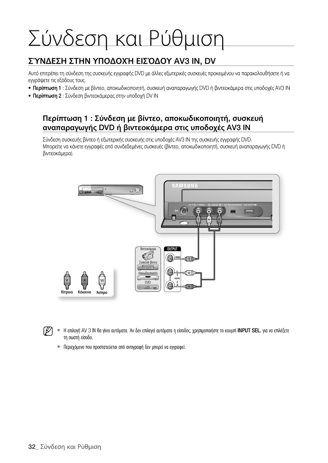 Samsung DVD-HR773/EDC, DVD-HR775/EDC manual Σύνδεση Στην Υποδοχή Εισόδου AV3 IN, DV, 32 Σύνδεση και Ρύθμιση 