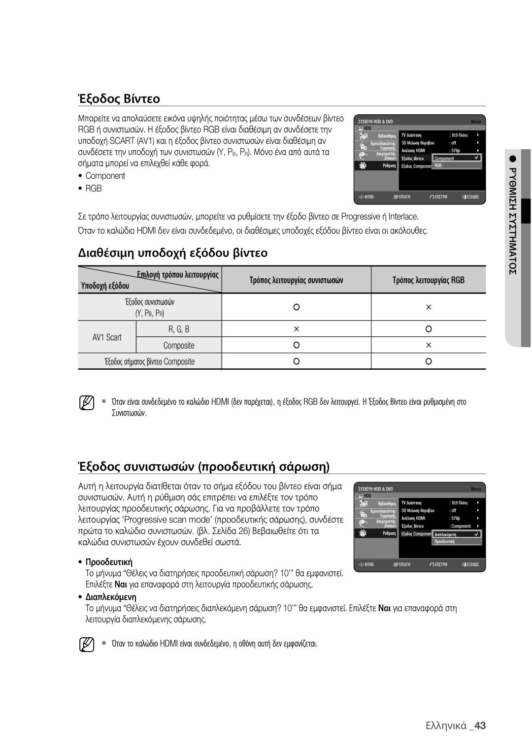 Samsung DVD-HR775/EDC manual Σήματα μπορεί να επιλεχθεί κάθε φορά, Component, Υποδοχή εξόδου, AV1 Scart, Συνιστωσών 