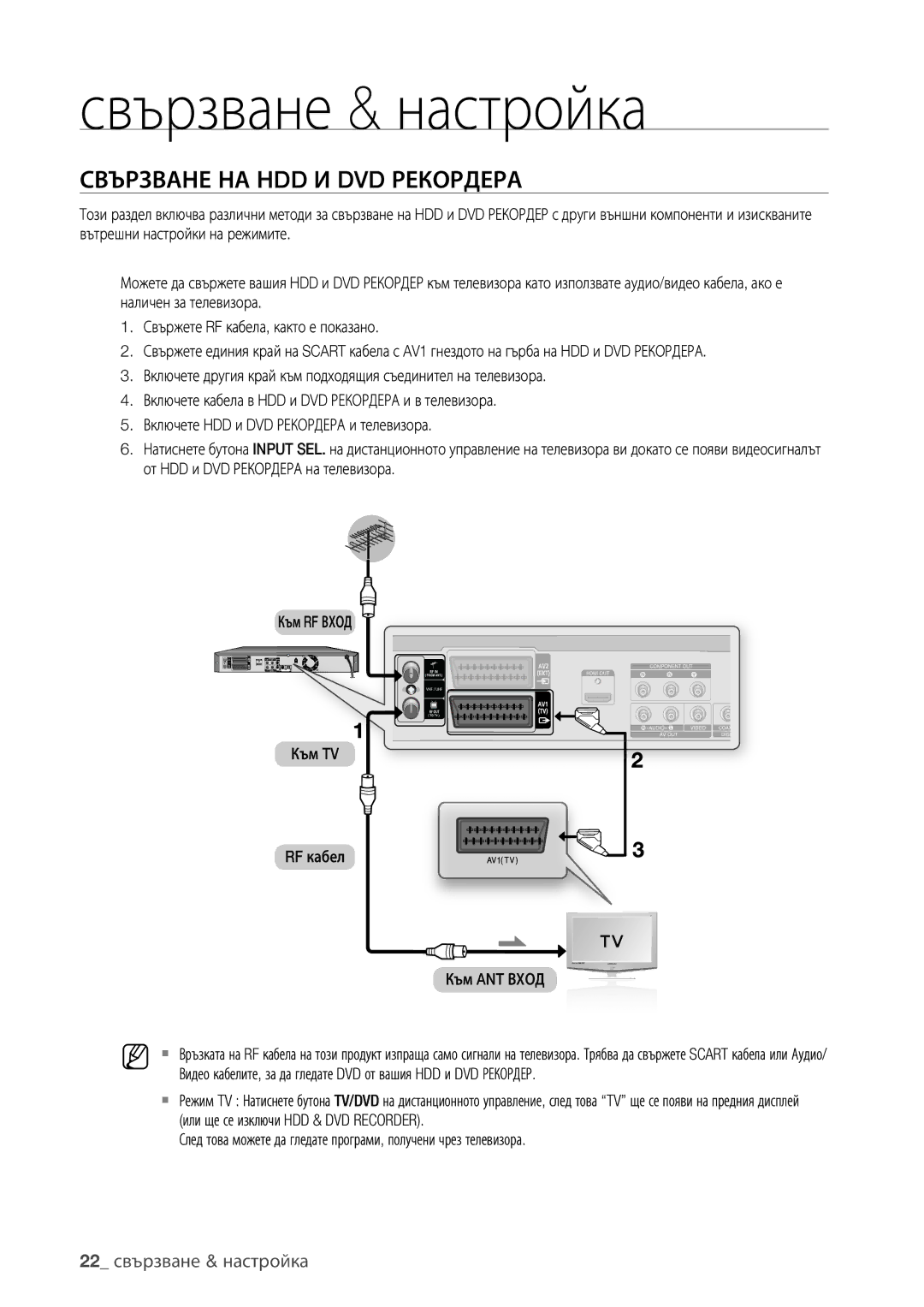 Samsung DVD-HR777/EDC, DVD-HR773/EDC, DVD-HR775/EDC manual Свързване НА HDD И DVD Рекордера, 22 свързване & настройка 