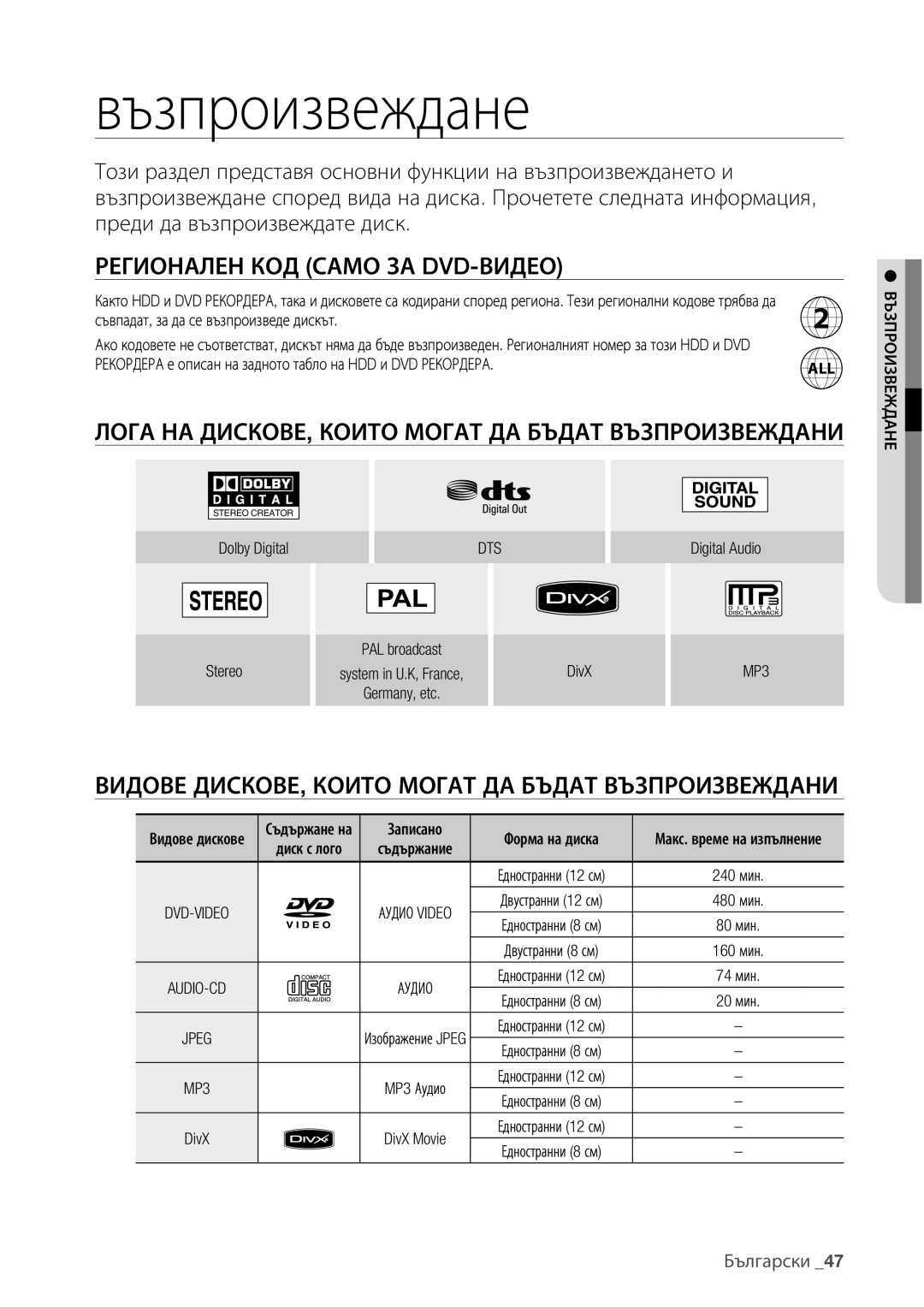 Samsung DVD-HR775/EDC manual Регионален КОД Само ЗА DVD-ВИДЕО, Лога НА ДИСКОВЕ, Които Могат ДА Бъдат Възпроизвеждани 