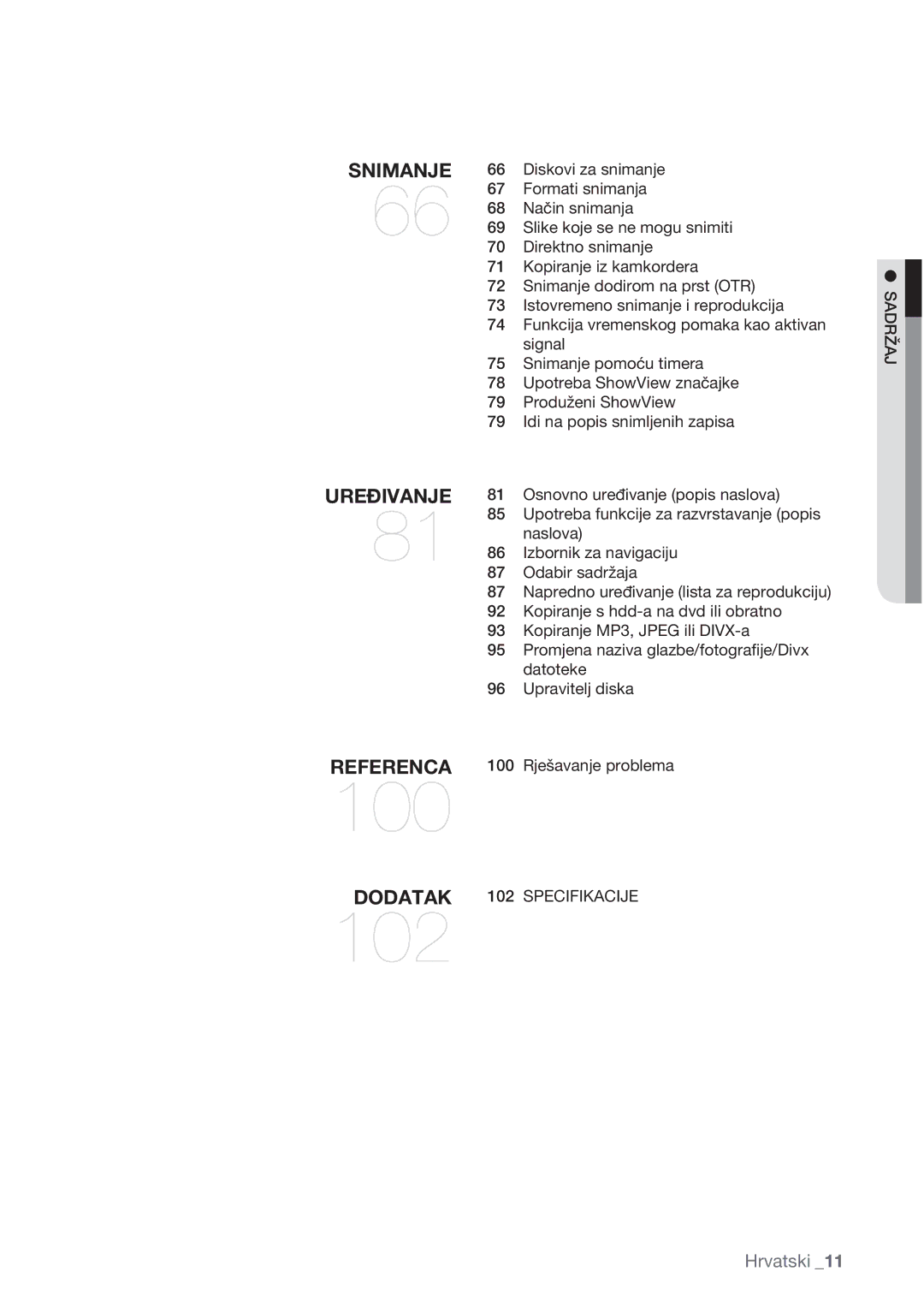 Samsung DVD-HR775/EDC, DVD-HR773/EDC, DVD-HR777/EDC manual Dodatak 102 Specifikacije, Sadržaj 