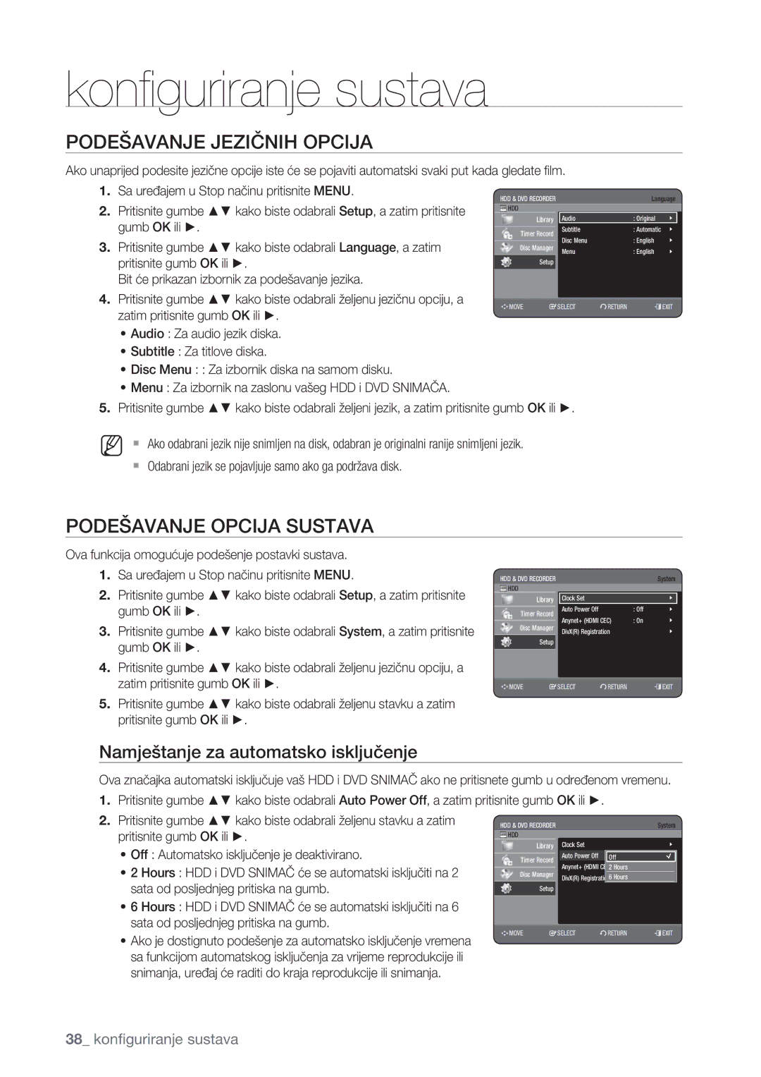 Samsung DVD-HR775/EDC manual Podešavanje Jezičnih Opcija, Podešavanje Opcija Sustava, Namještanje za automatsko isključenje 