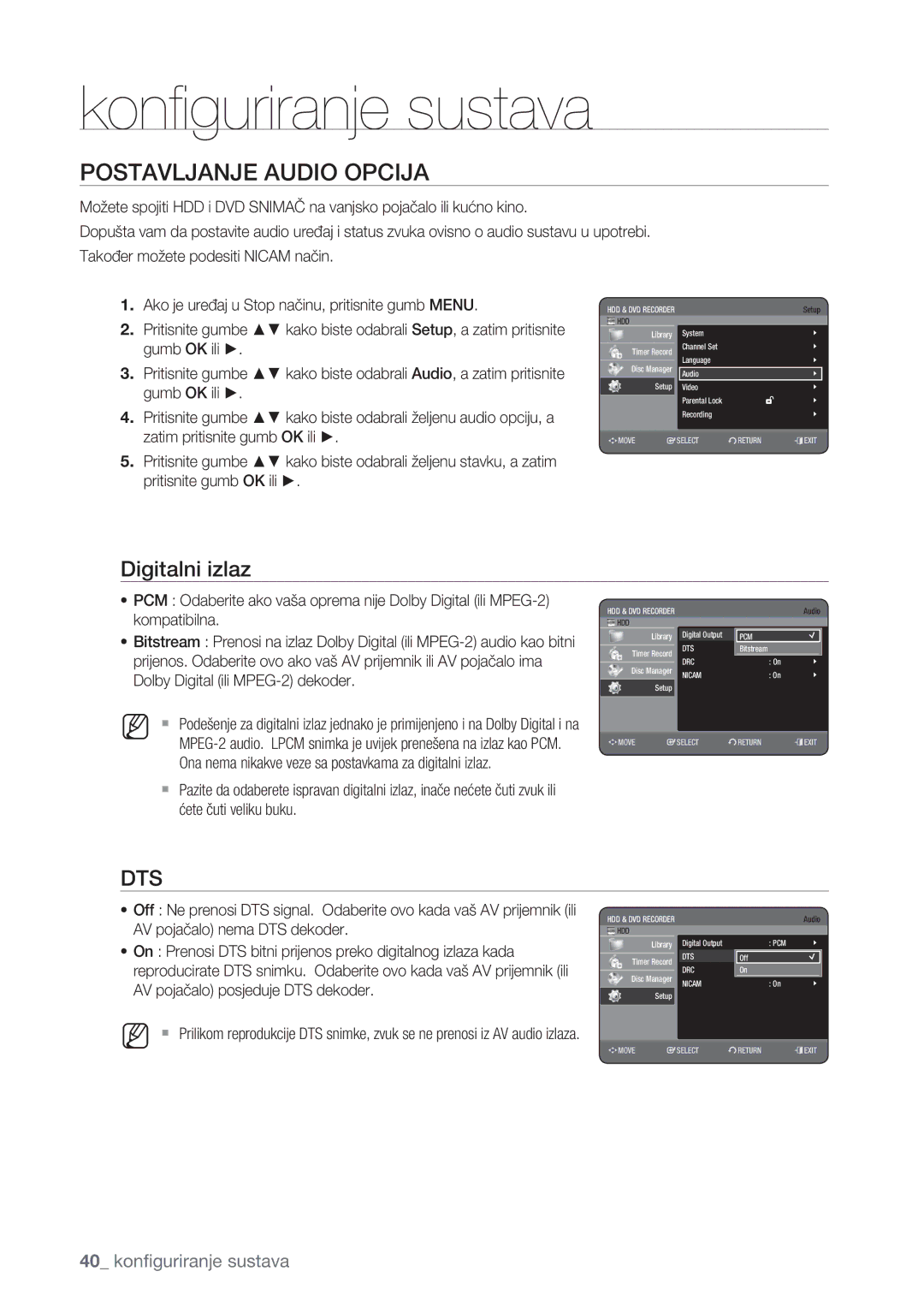 Samsung DVD-HR777/EDC, DVD-HR773/EDC, DVD-HR775/EDC manual Postavljanje Audio Opcija, Digitalni izlaz 