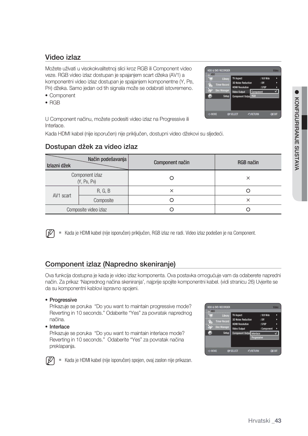 Samsung DVD-HR777/EDC manual Video izlaz, Component izlaz Napredno skeniranje, Dostupan džek za video izlaz, Rgb, Sustava 