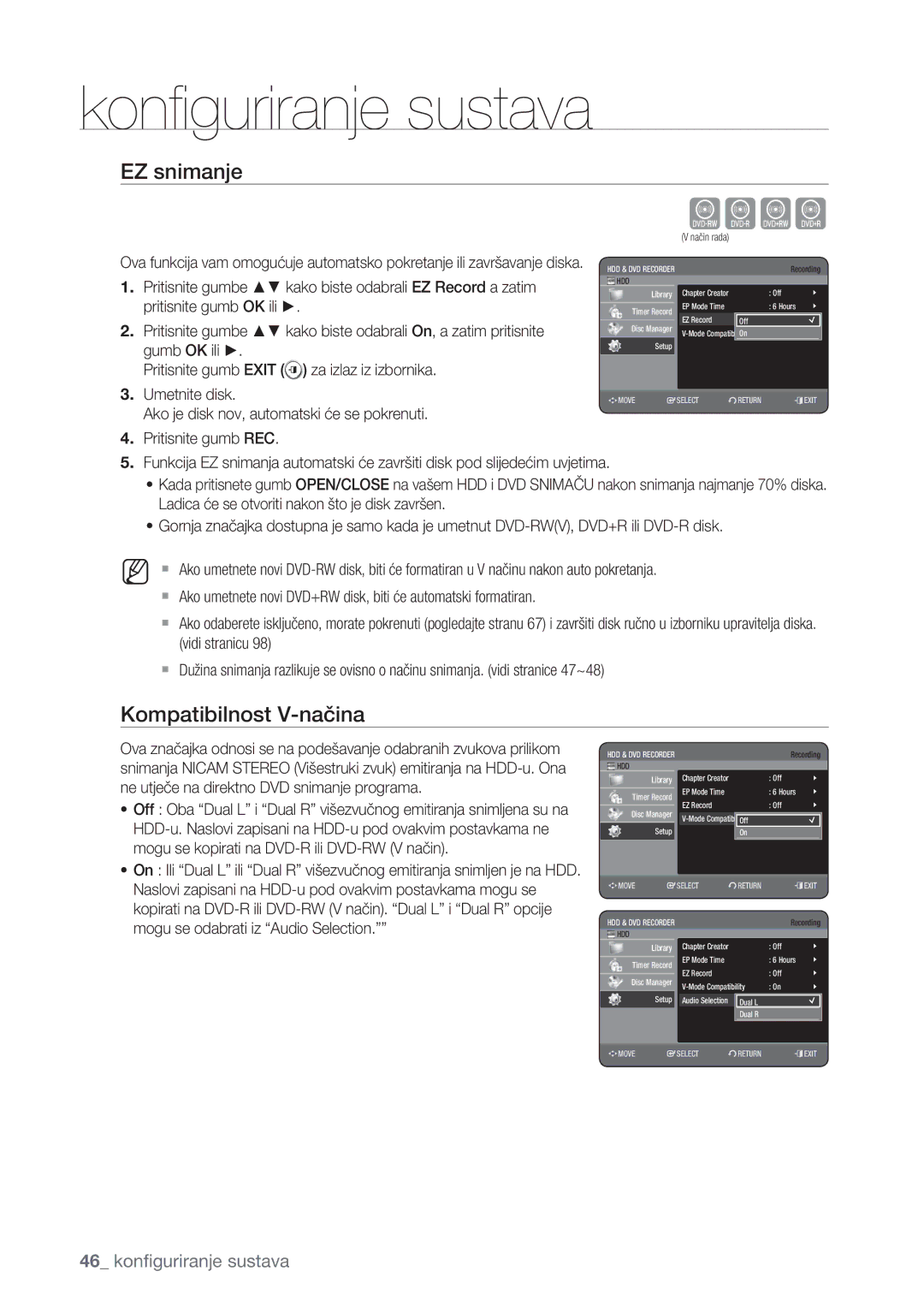 Samsung DVD-HR777/EDC, DVD-HR773/EDC, DVD-HR775/EDC manual EZ snimanje, Kompatibilnost V-načina, Umetnite disk 