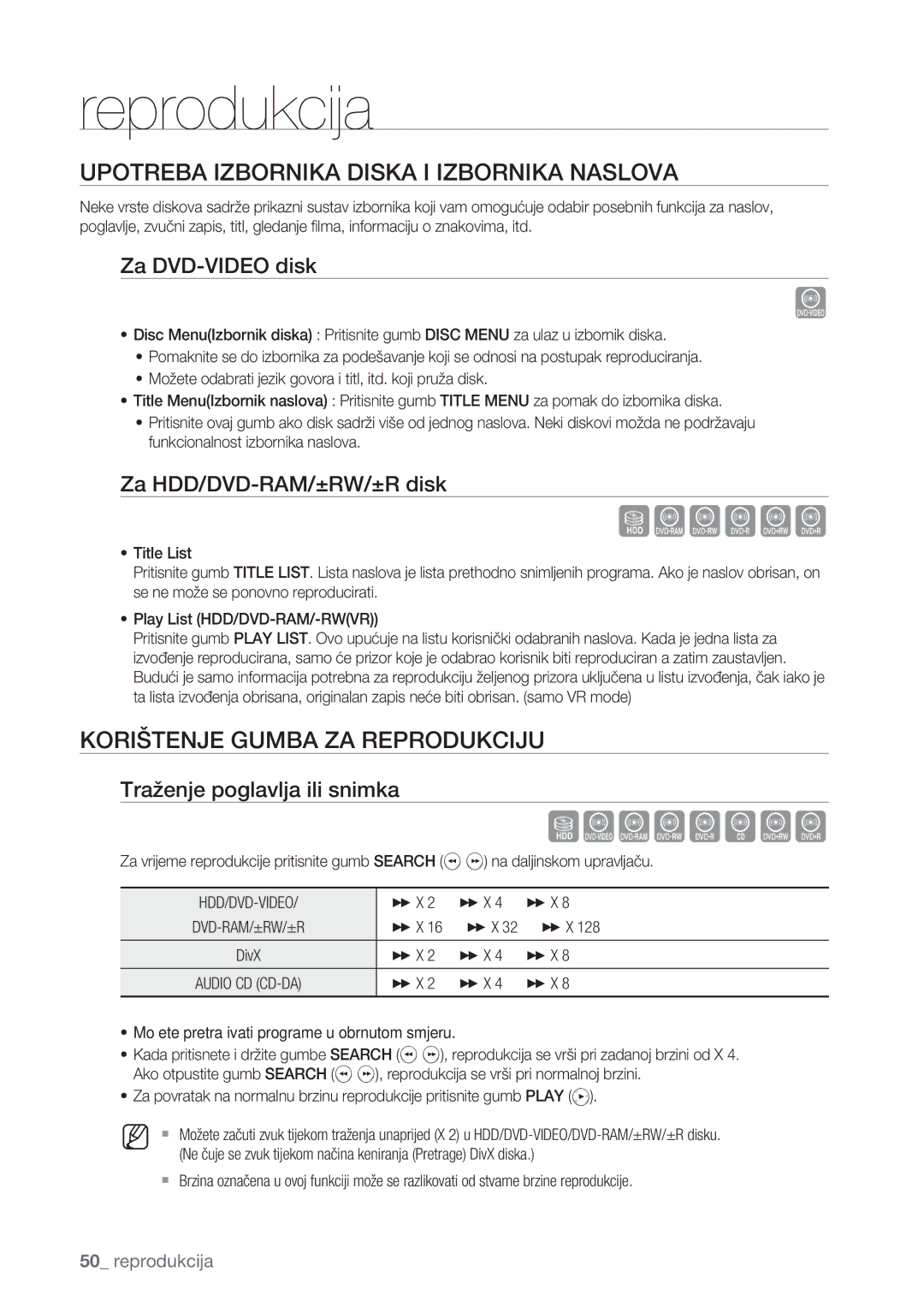 Samsung DVD-HR775/EDC Sxcvkl, Szxcvbkl, Upotreba Izbornika Diska I Izbornika Naslova, Korištenje Gumba ZA Reprodukciju 