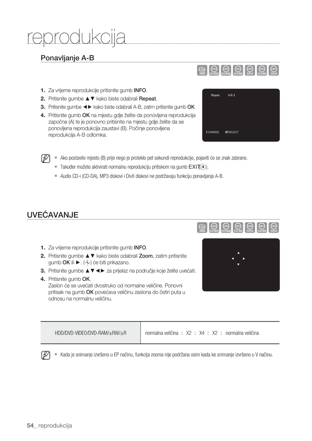 Samsung DVD-HR773/EDC, DVD-HR777/EDC, DVD-HR775/EDC manual Szxcvkl, Uvećavanje, Ponavljanje A-B 