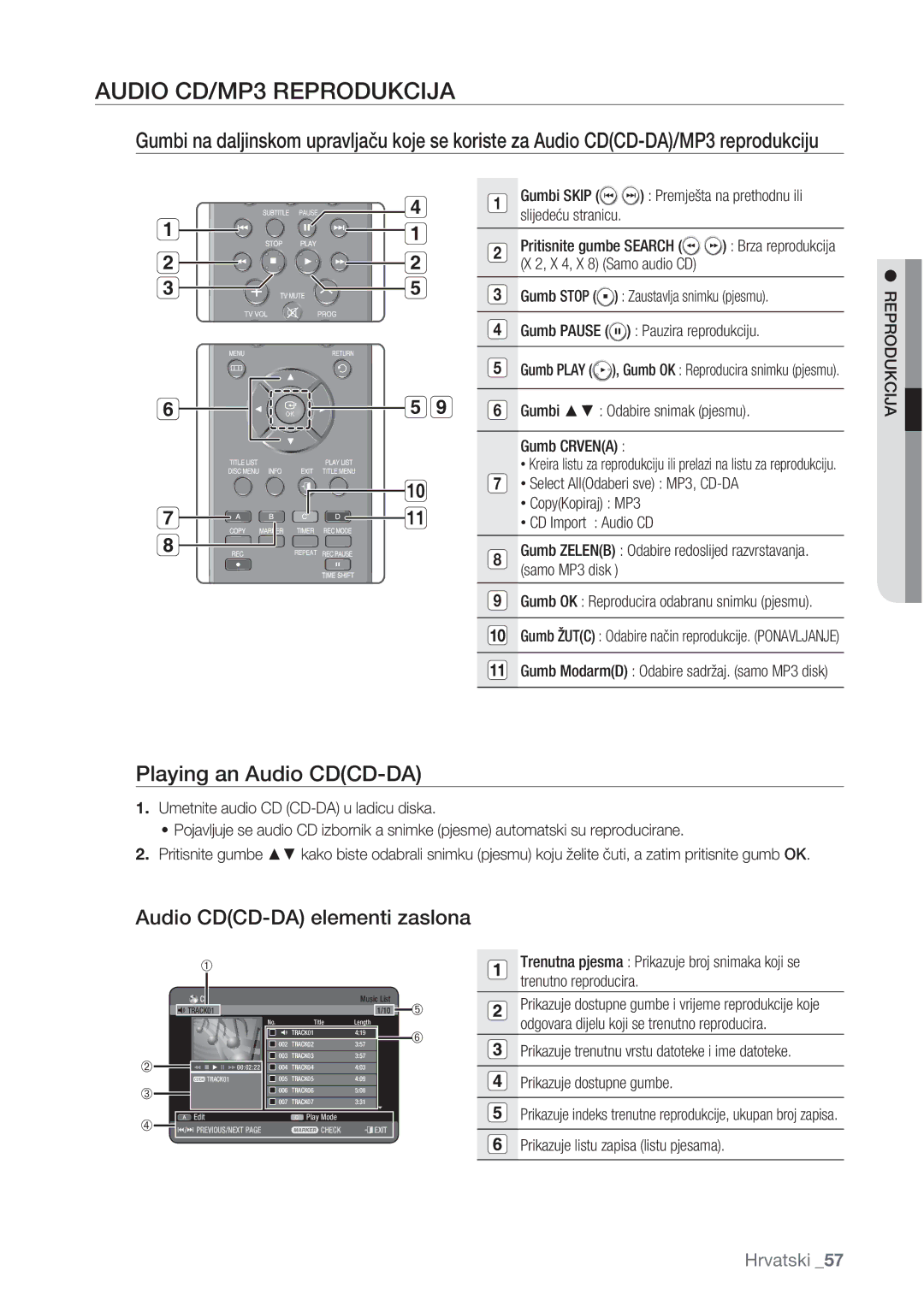 Samsung DVD-HR773/EDC, DVD-HR777/EDC Audio CD/MP3 Reprodukcija, Playing an Audio CDCD-DA, Audio CDCD-DA elementi zaslona 