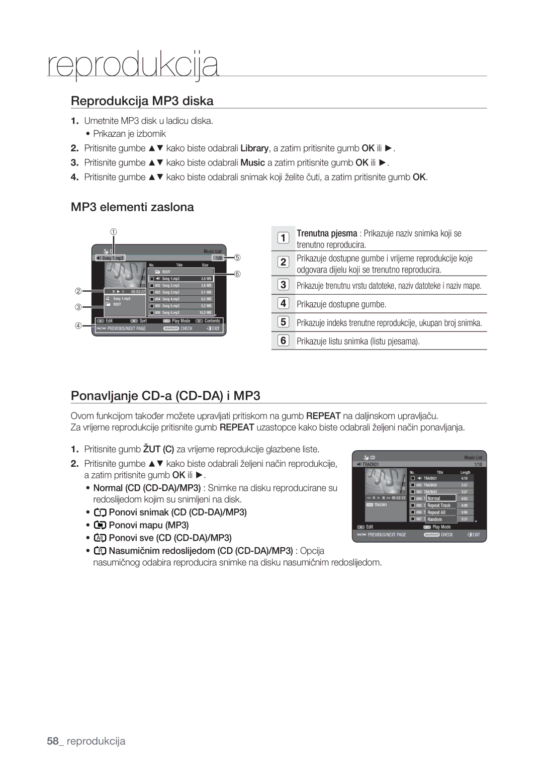 Samsung DVD-HR777/EDC, DVD-HR773/EDC manual Reprodukcija MP3 diska, Ponavljanje CD-a CD-DA i MP3, MP3 elementi zaslona 