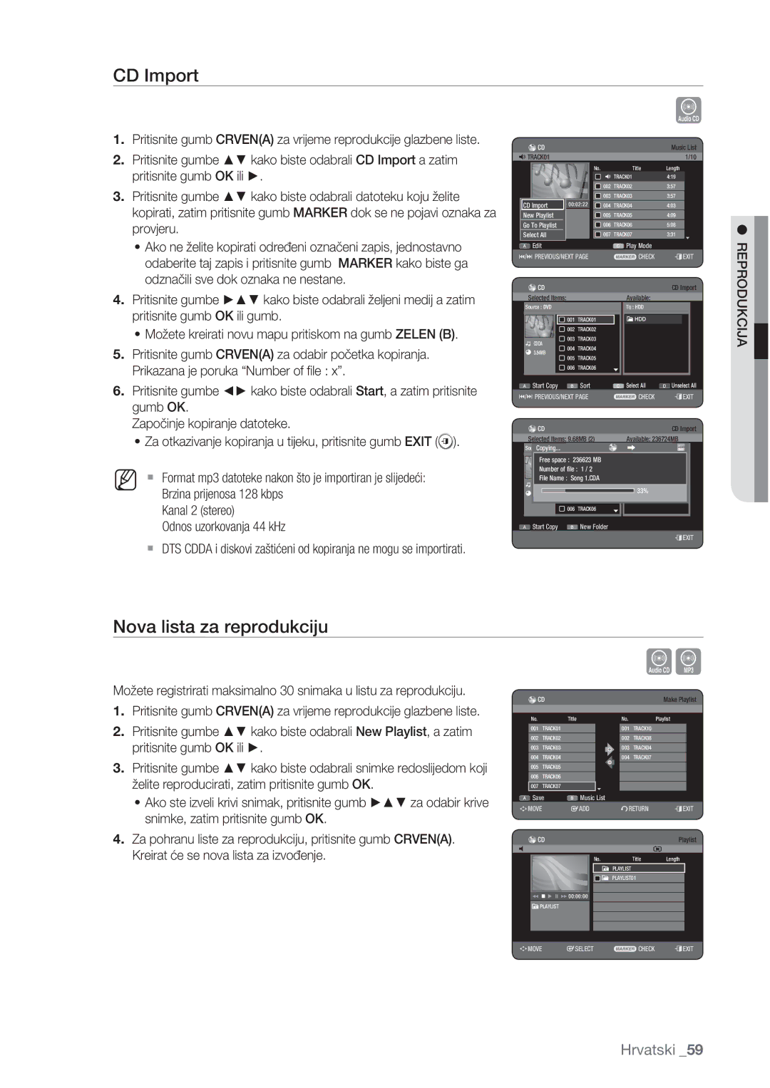 Samsung DVD-HR775/EDC, DVD-HR773/EDC, DVD-HR777/EDC manual CD Import, Nova lista za reprodukciju 