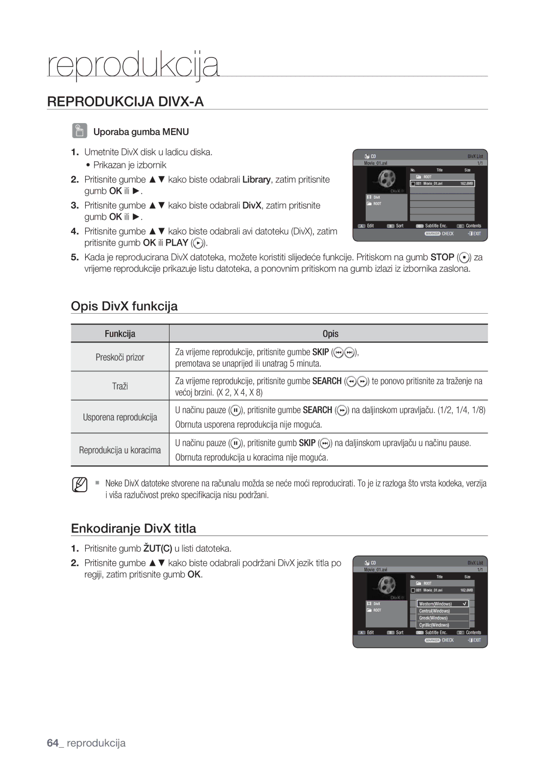 Samsung DVD-HR777/EDC manual Reprodukcija DIVX-A, Opis DivX funkcija, Enkodiranje DivX titla, Većoj brzini. X 2, X 4, X 