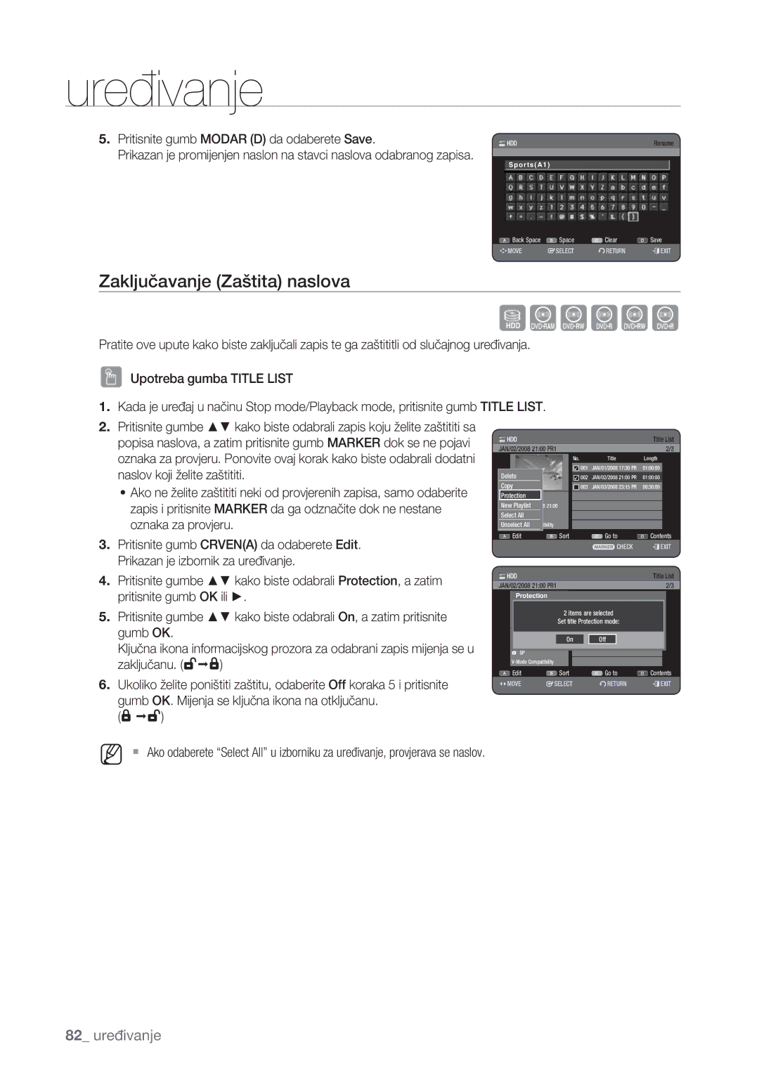 Samsung DVD-HR777/EDC manual Zaključavanje Zaštita naslova, Pritisnite gumb Modar D da odaberete Save, Oznaka za provjeru 