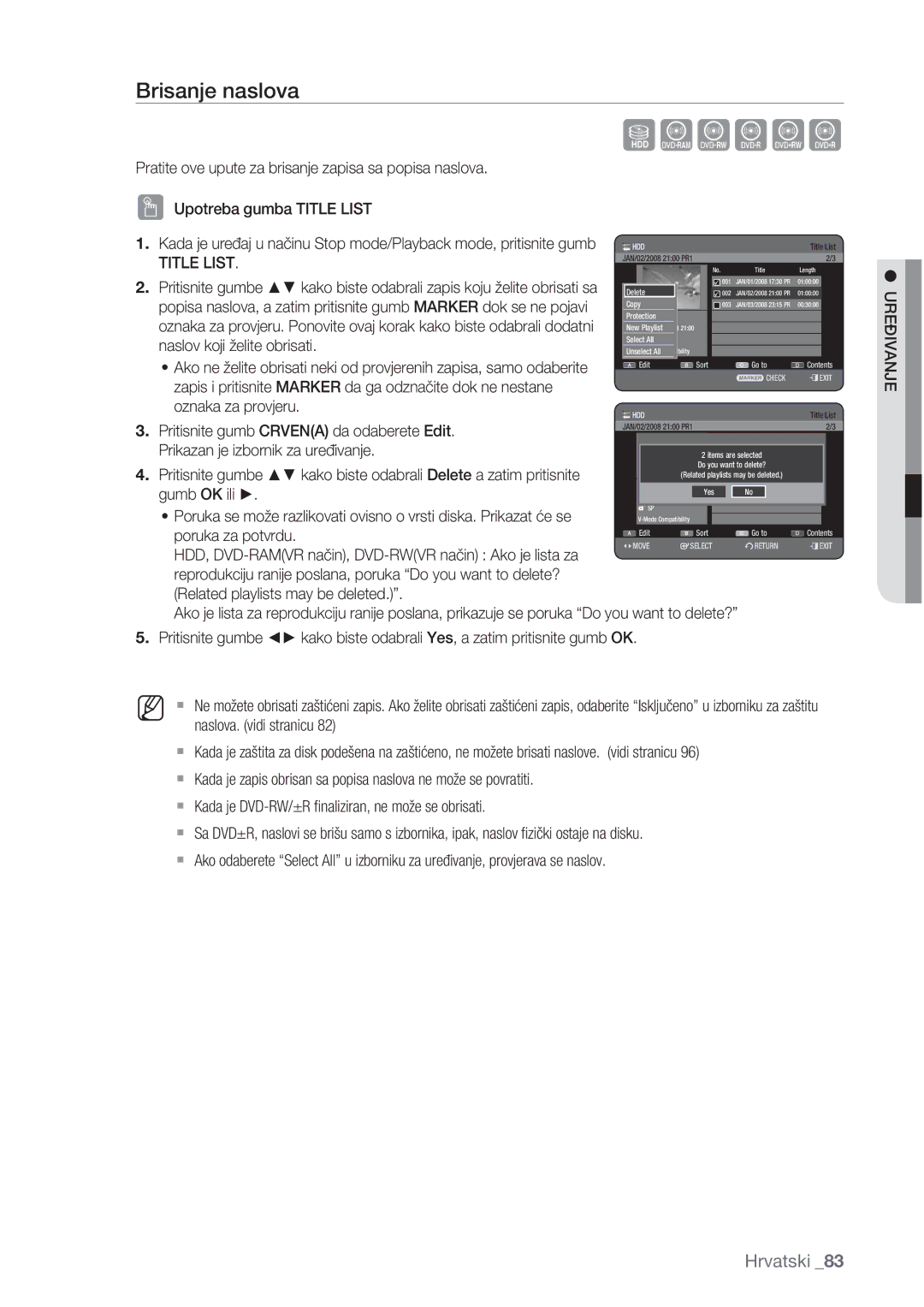 Samsung DVD-HR775/EDC manual Brisanje naslova, Naslov koji želite obrisati, Pritisnite gumb Crvena da odaberete Edit 