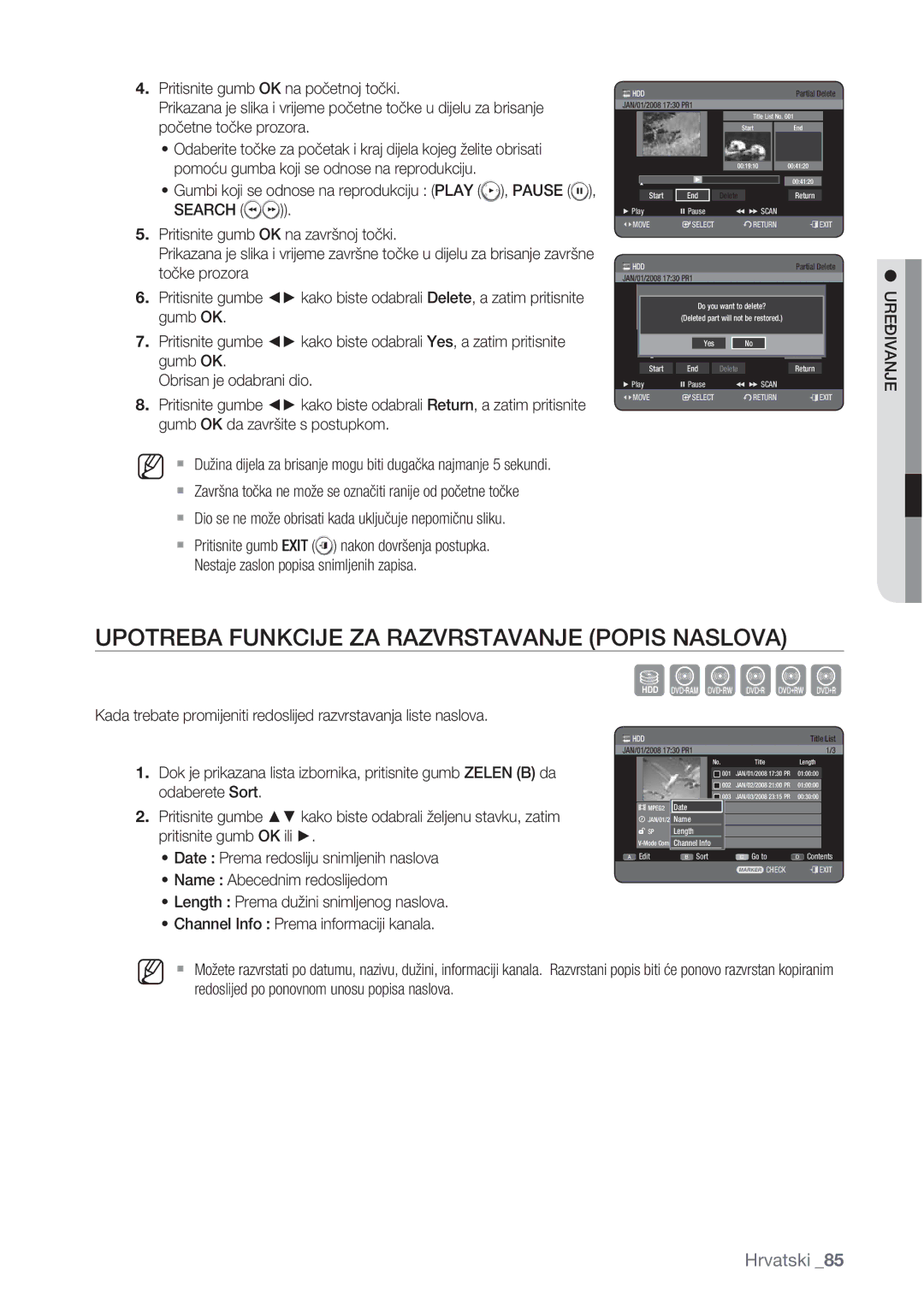 Samsung DVD-HR777/EDC manual Upotreba Funkcije ZA Razvrstavanje Popis Naslova, Date Prema redosliju snimljenih naslova 