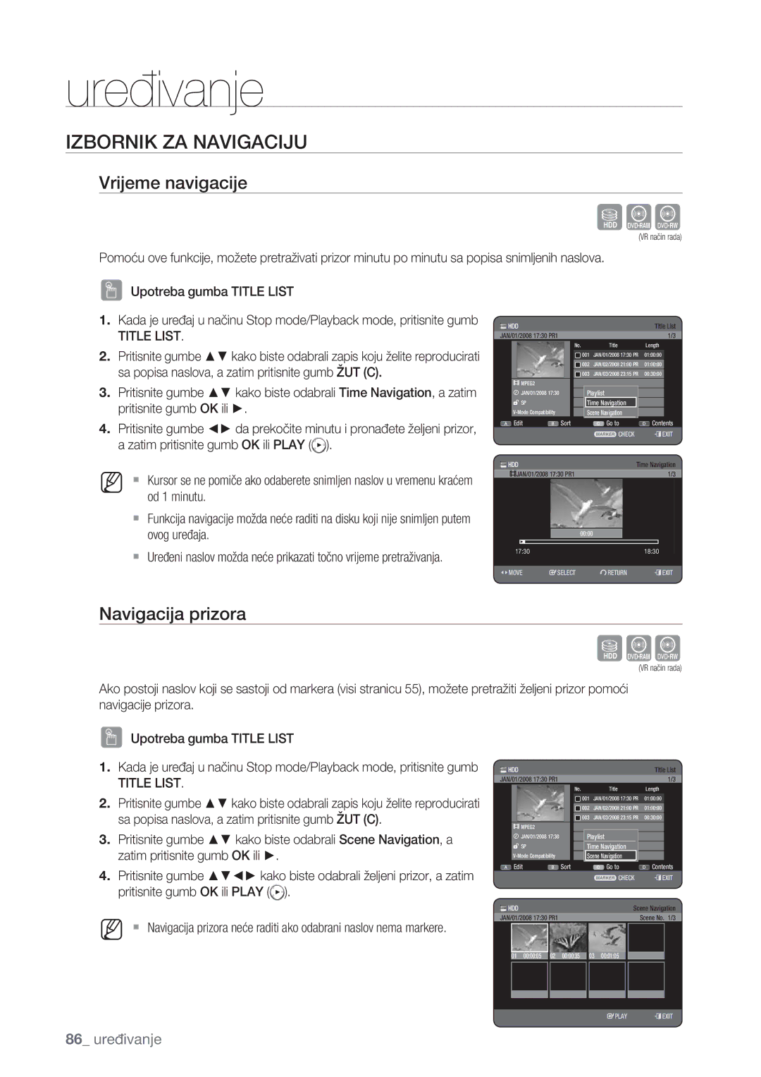 Samsung DVD-HR775/EDC, DVD-HR773/EDC, DVD-HR777/EDC manual Izbornik ZA Navigaciju, Vrijeme navigacije, Navigacija prizora 