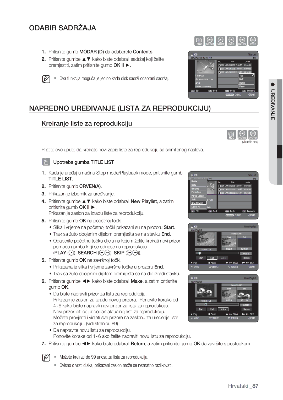 Samsung DVD-HR773/EDC manual Odabir Sadržaja, Napredno Uređivanje Lista ZA Reprodukciju, Kreiranje liste za reprodukciju 