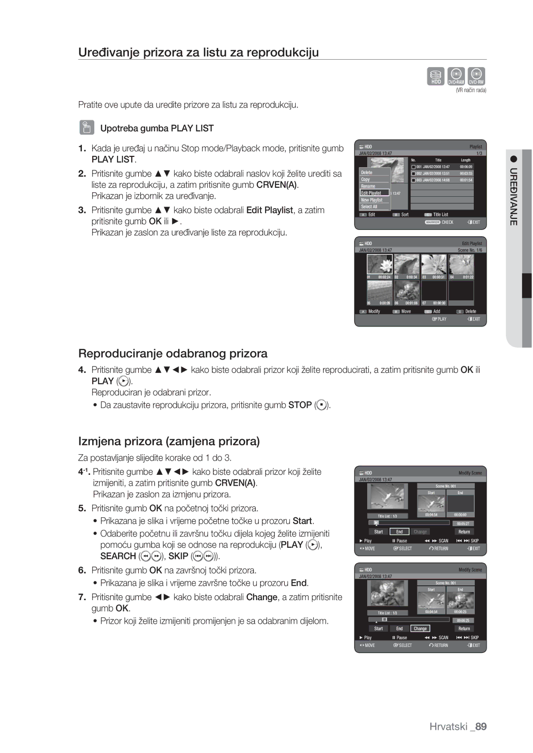 Samsung DVD-HR775/EDC, DVD-HR773/EDC Uređivanje prizora za listu za reprodukciju, Reproduciranje odabranog prizora, Search 