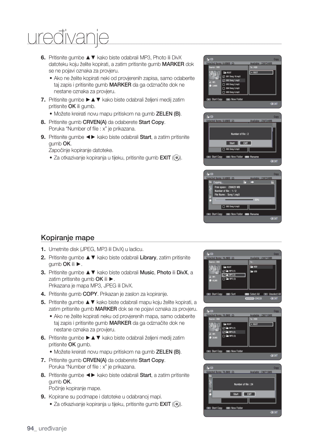 Samsung DVD-HR777/EDC, DVD-HR773/EDC, DVD-HR775/EDC manual Kopiranje mape, Rename 